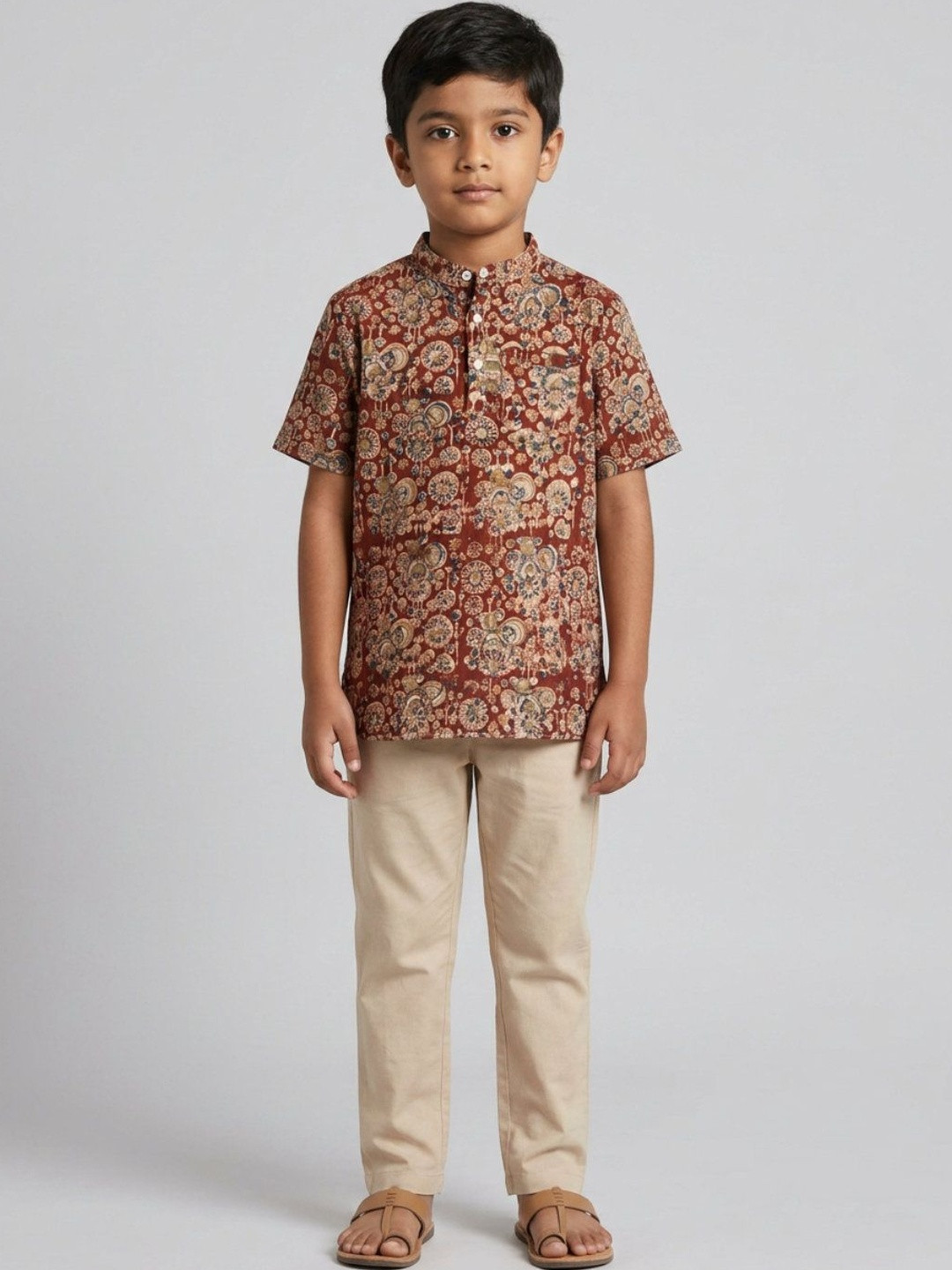 Biglilpeople Boys Ethnic Print Mandarin Collar Short Sleeves Shirt