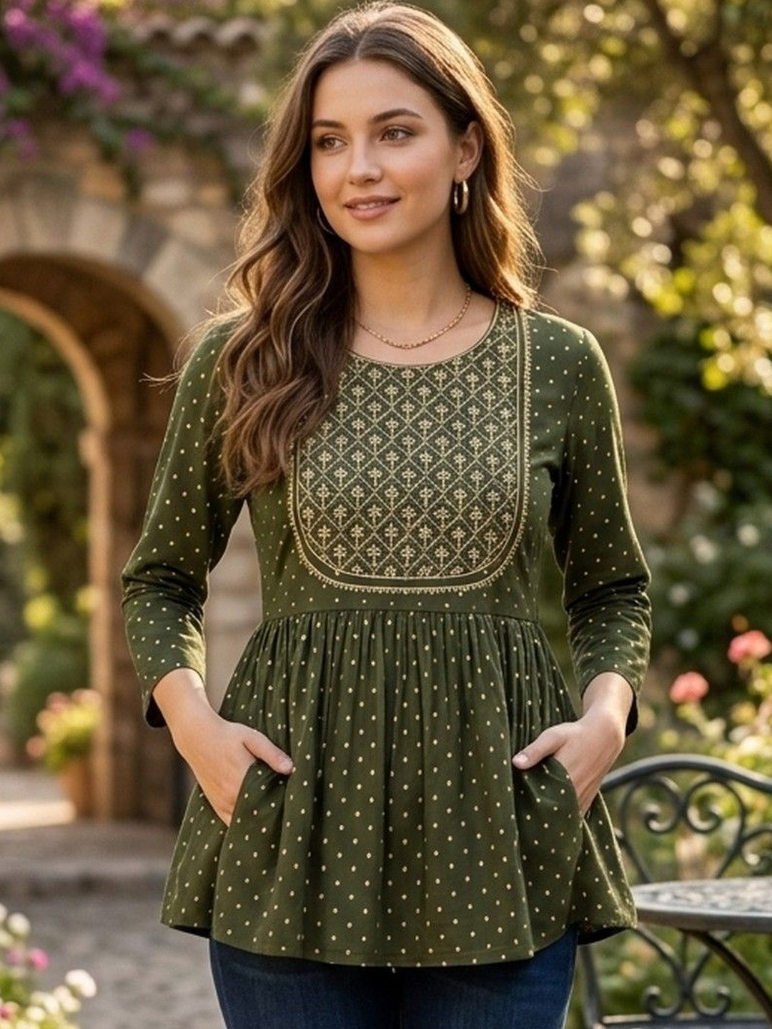 ANANDITA Polka Dot Print Peplum Top
