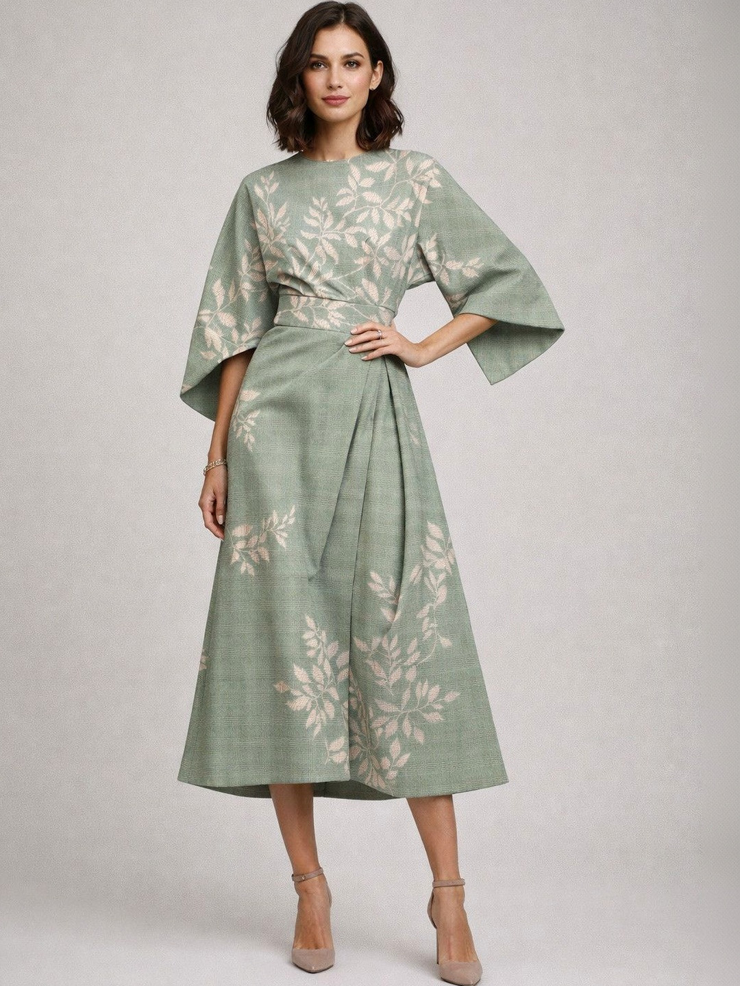 Routes by All About You Floral Print Kimono Sleeve A-Line Midi Dress