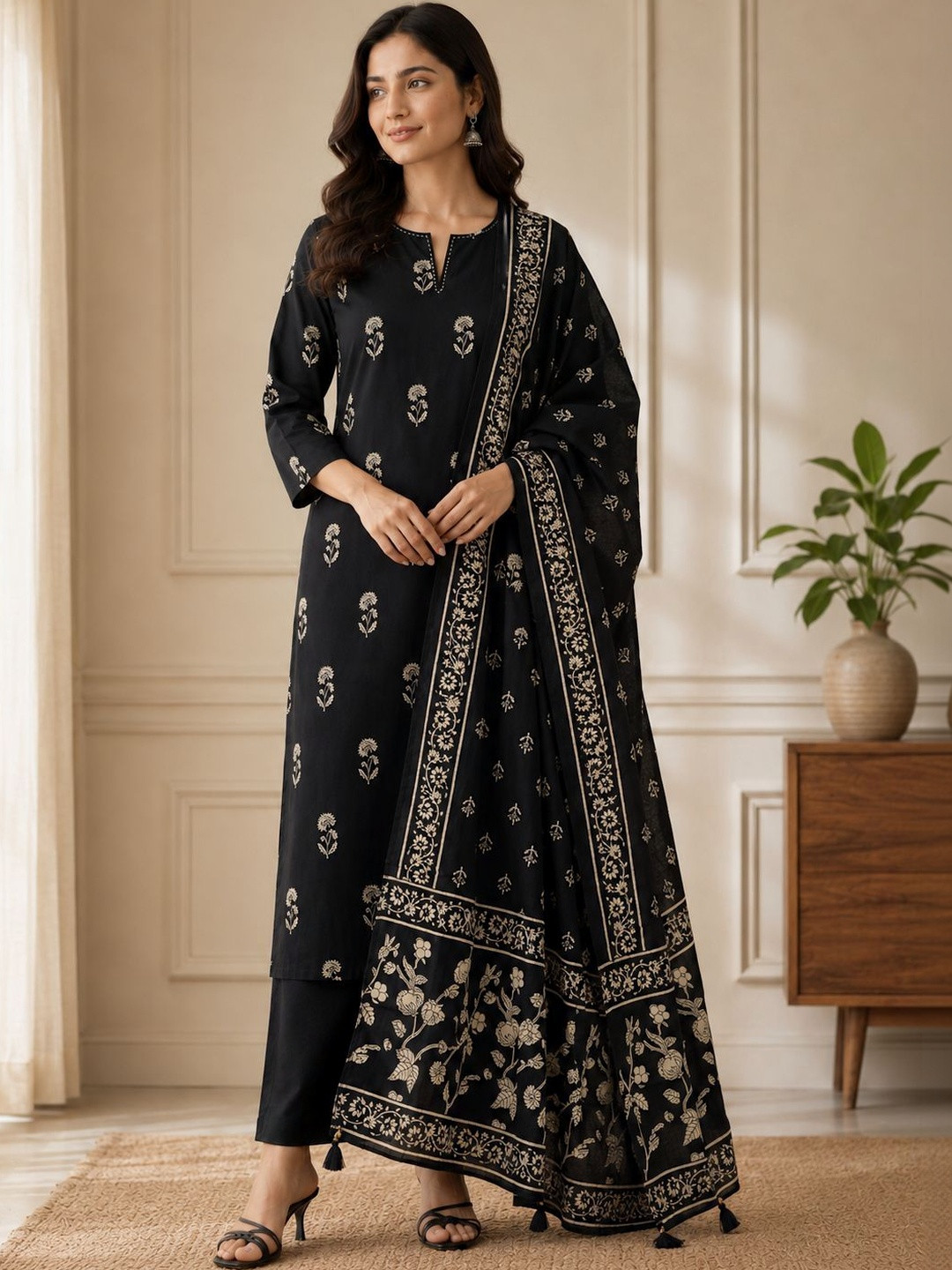 Hiti Creations Women Floral Printed Regular Pure Cotton Kurta with Trousers & With Dupatta