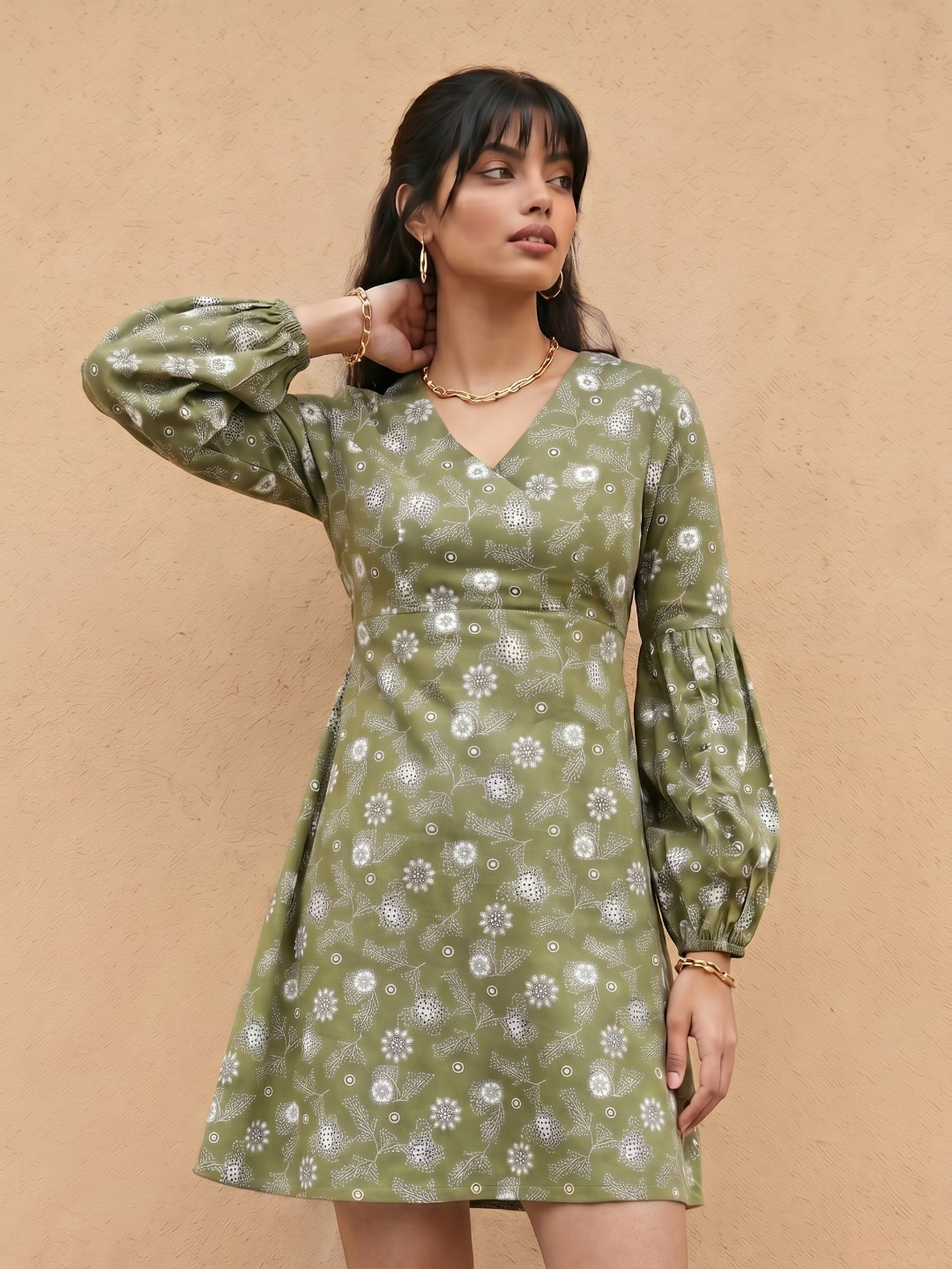fusion by glitchez Floral Foil Printed V-Neck Styled Back A-Line Dress