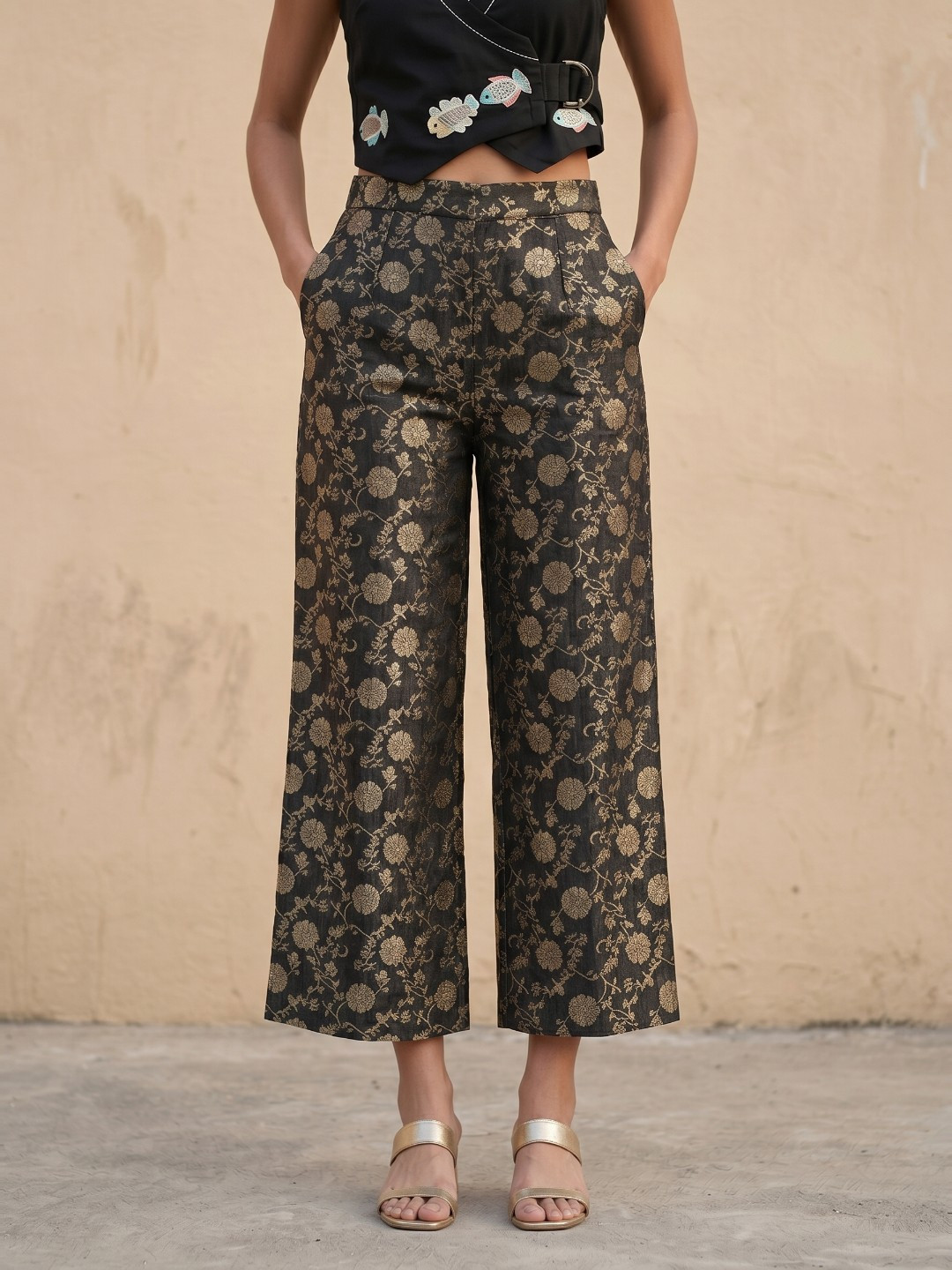 fusion by glitchez Women Wide Leg Floral Embroidered Trousers