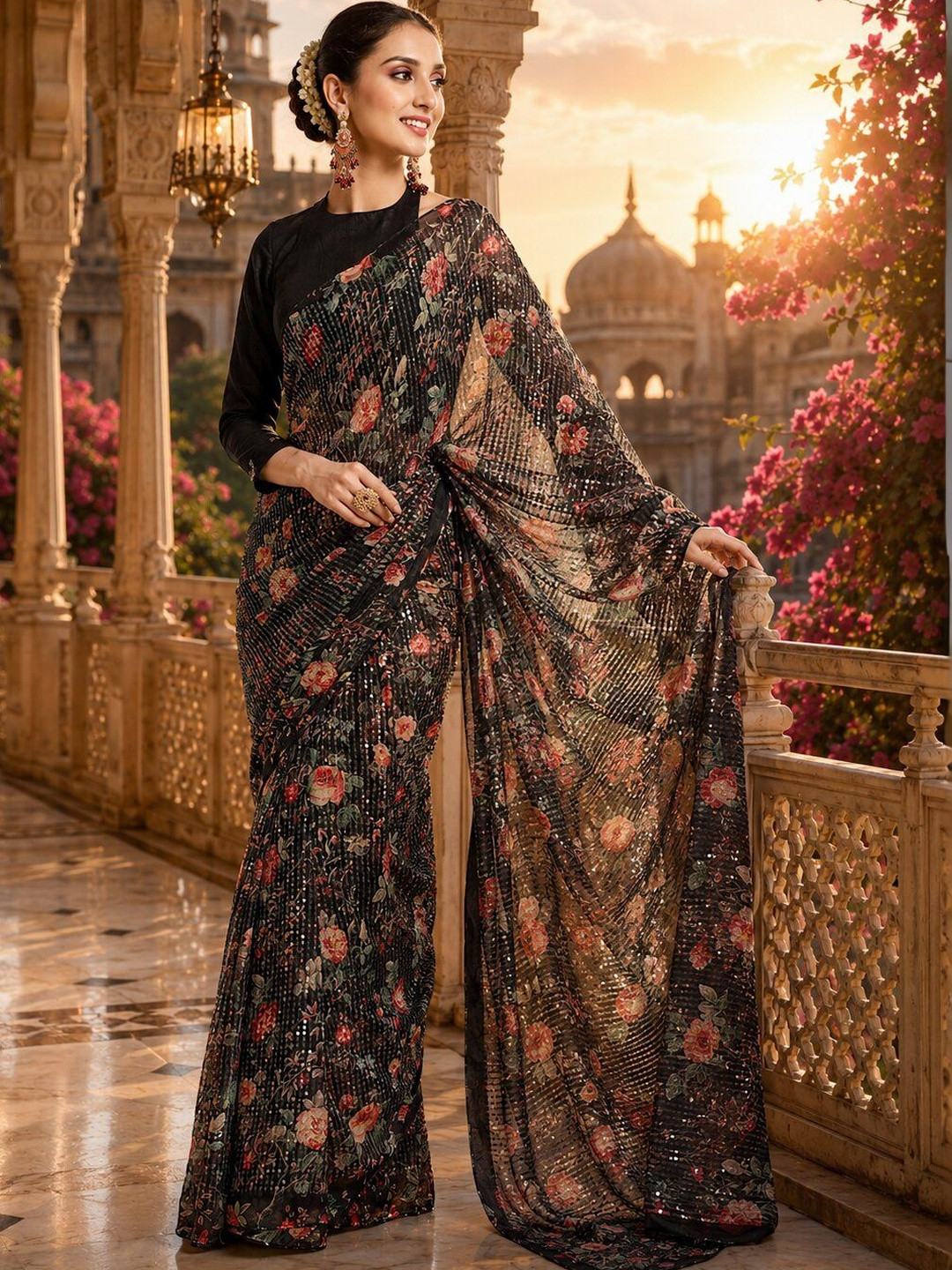 KALINI Floral Sequinned Poly Georgette Heavy Work Saree