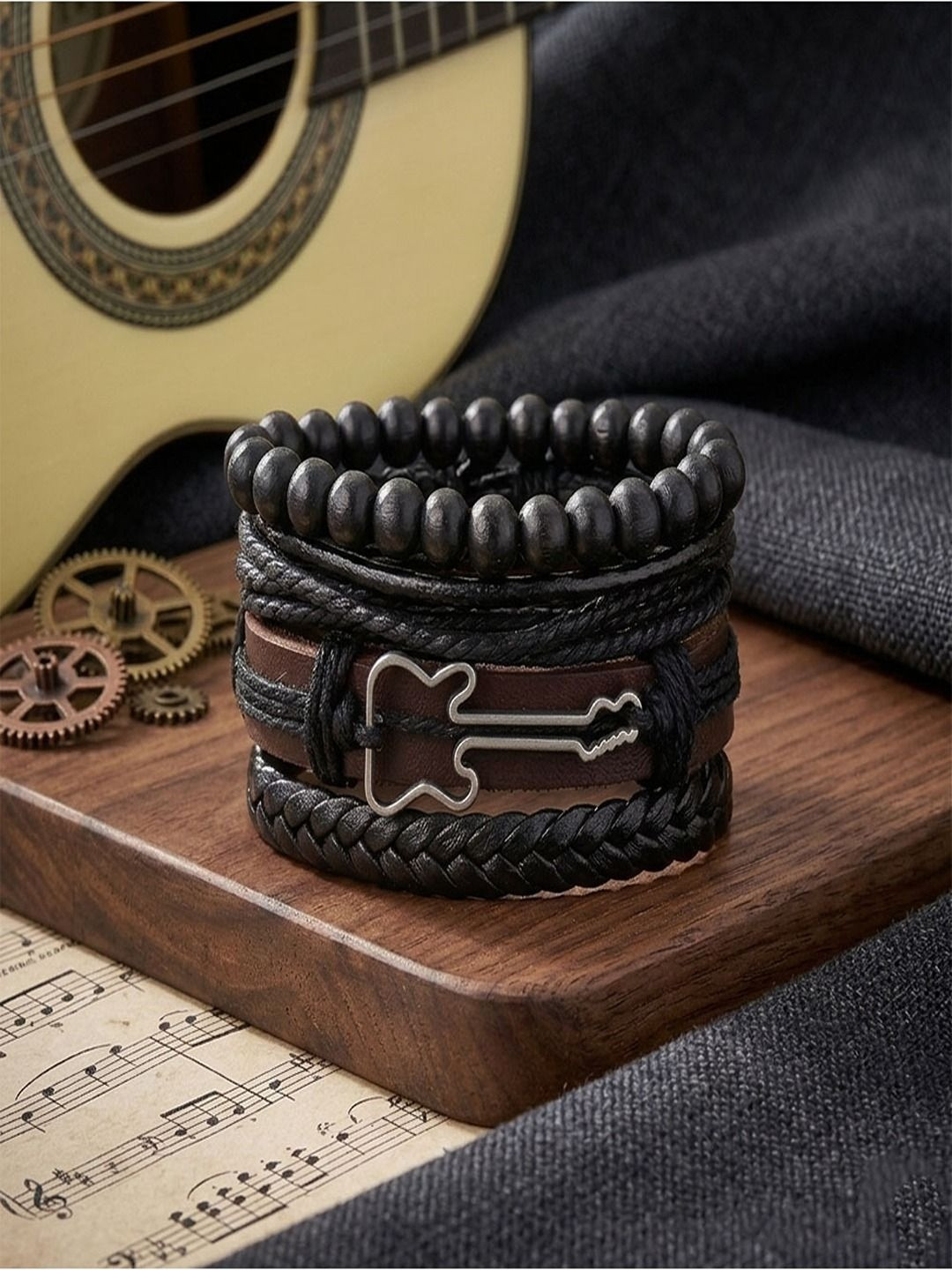 The Roadster Lifestyle Co. Men's Beaded Black Guitar Design Leather Bracelet