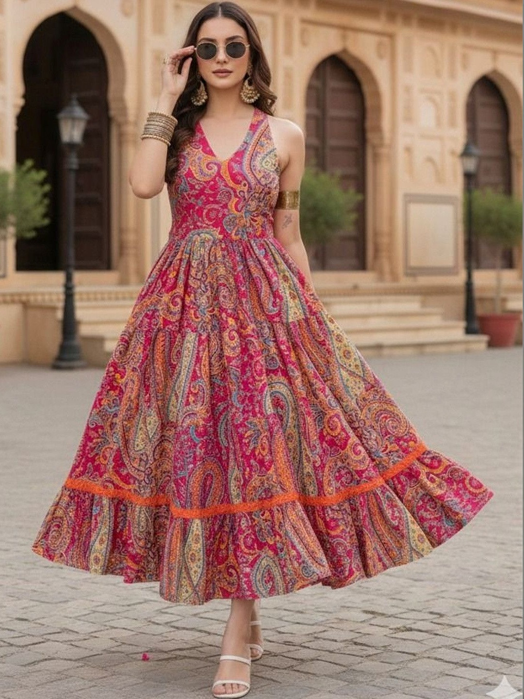 SKYDYEING Paisley Printed V-neck Cotton Fit and Flare Ethnic Dresses
