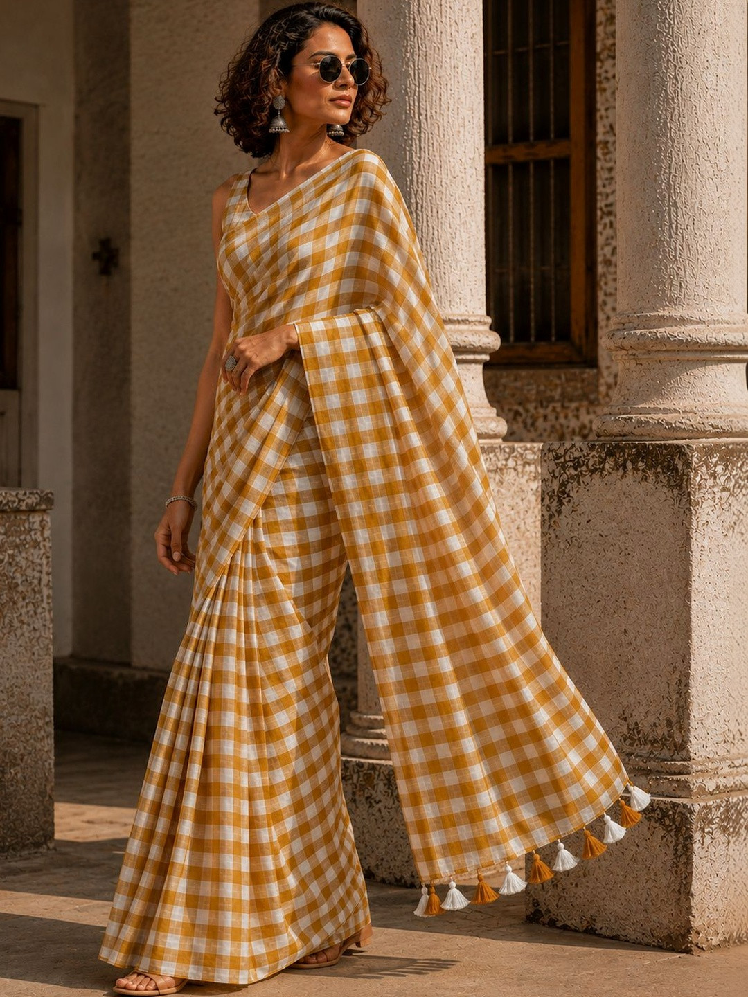Aruniti Label Checked Pure Cotton Taant Saree