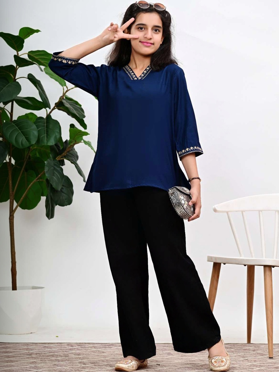 DMP FASHION Girls Navy Blue Viscose Rayon Tops