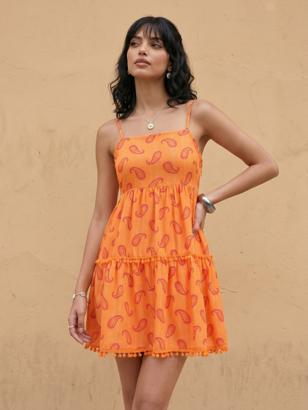 Paisley Printed Orange A-Line Mini Dress