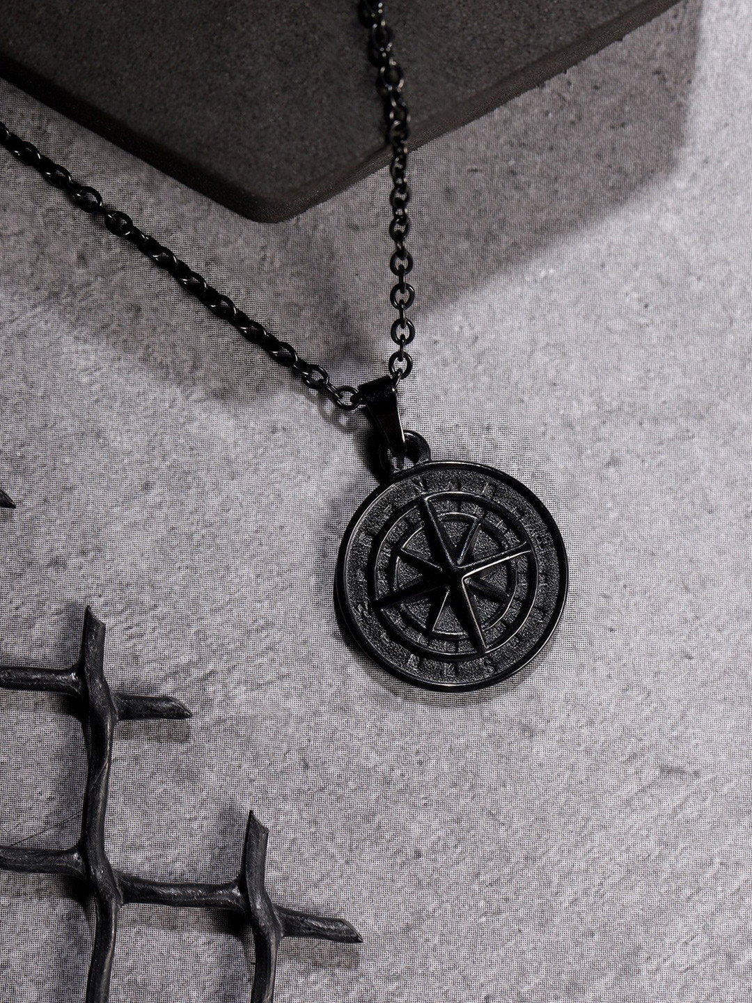Jewelor Men's Stainless Steel Circular North Star Black Pendant with Chain
