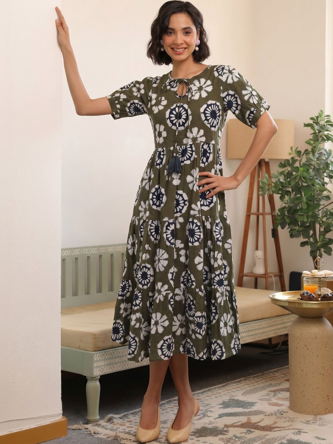 Sangria Floral Print A-Line Midi Dress