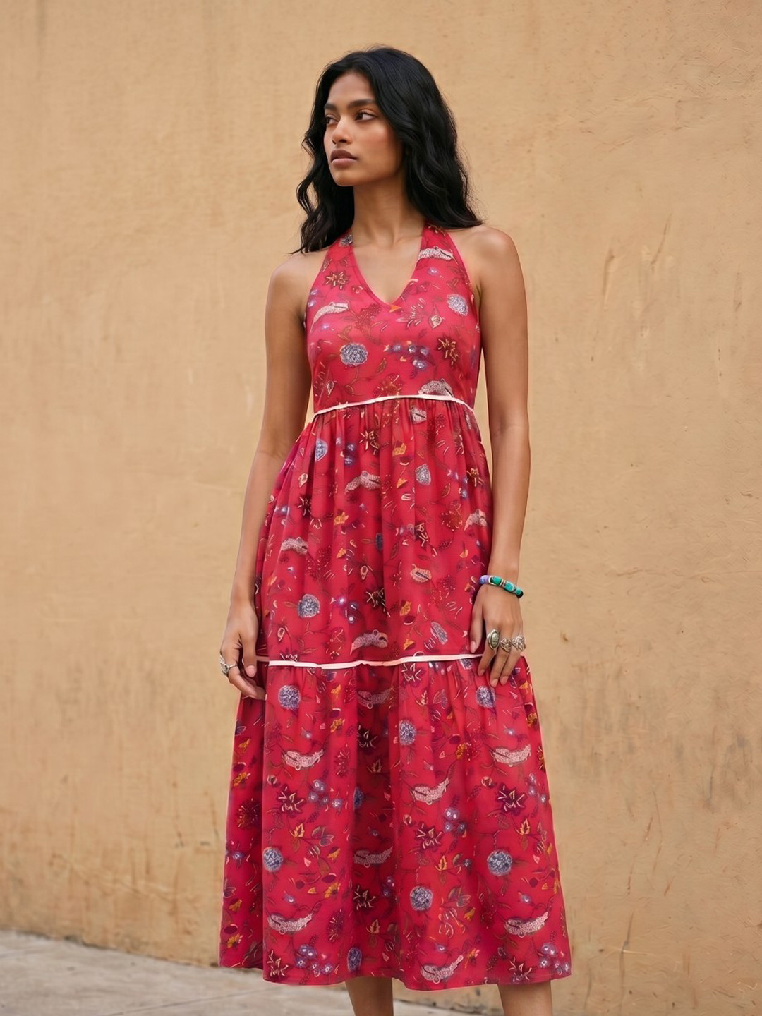 fusion by glitchez Floral Printed Embellished Detailed Halter Neck A-Line Midi Dress