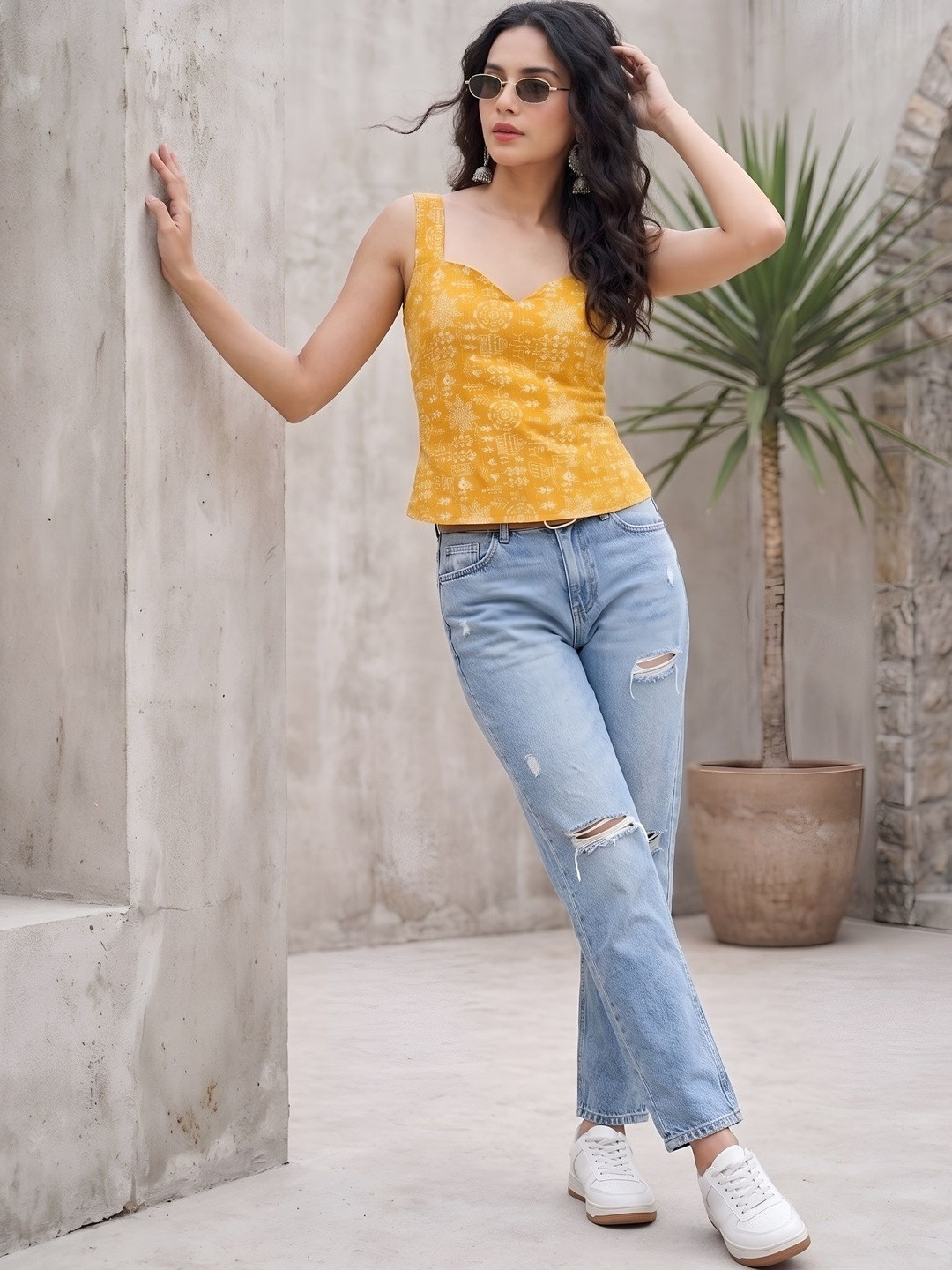 KEIYONA Print Sweetheart Neck Ethnic Cotton Top
