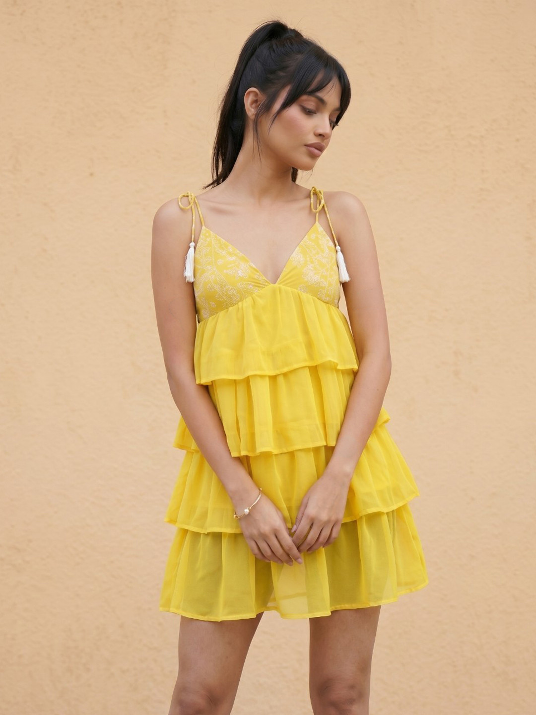 Yellow Ethnic Motifs Sleeveless Mini Dress