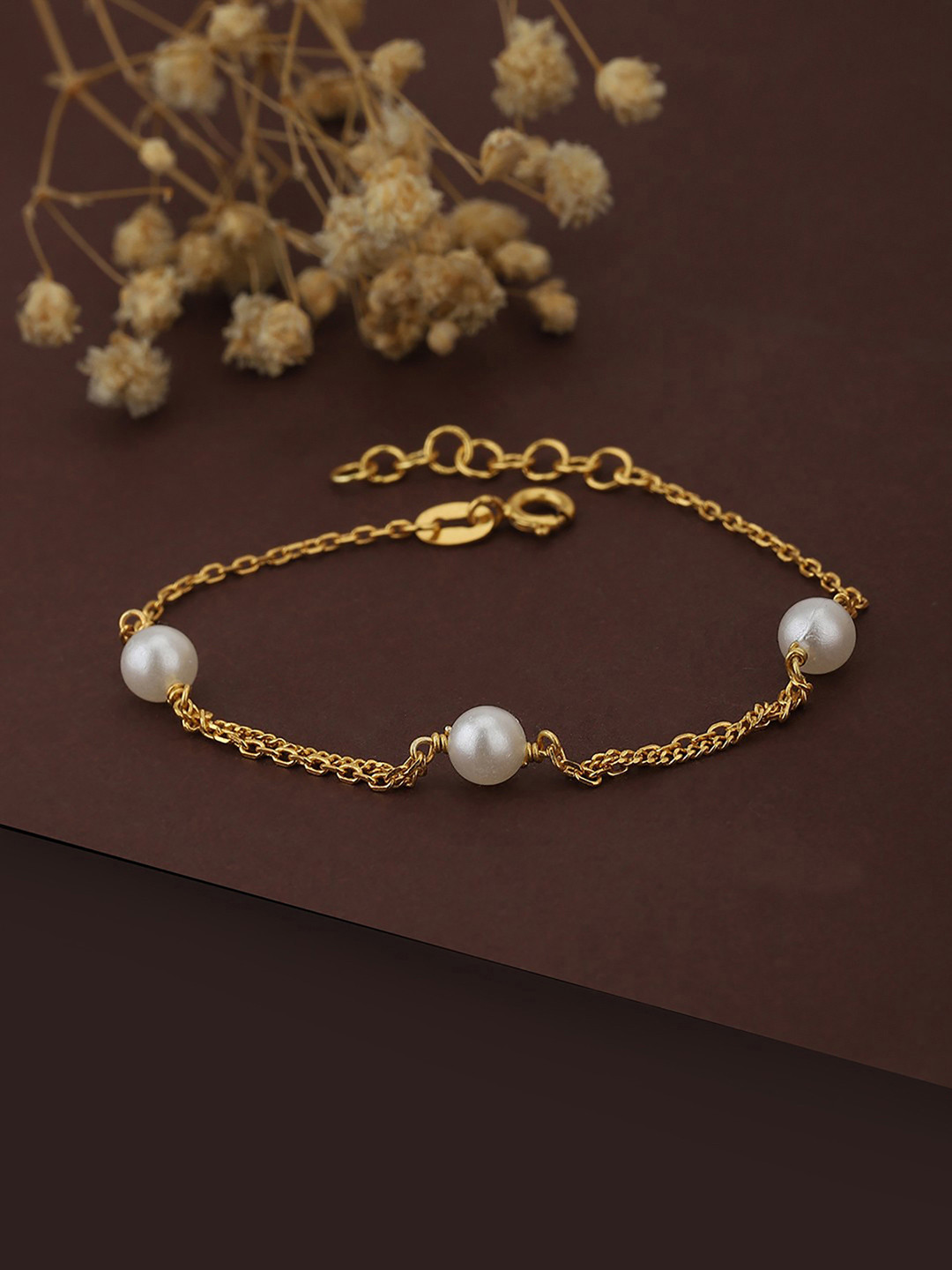Carlton London Gold-Plated White Pearl Studded Handcrafted Link Bracelet