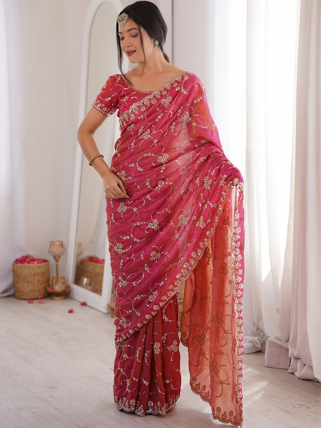Saree mall Pink Embellished Sequinned Satin Heavy Work Sarees Unstiched Blouse