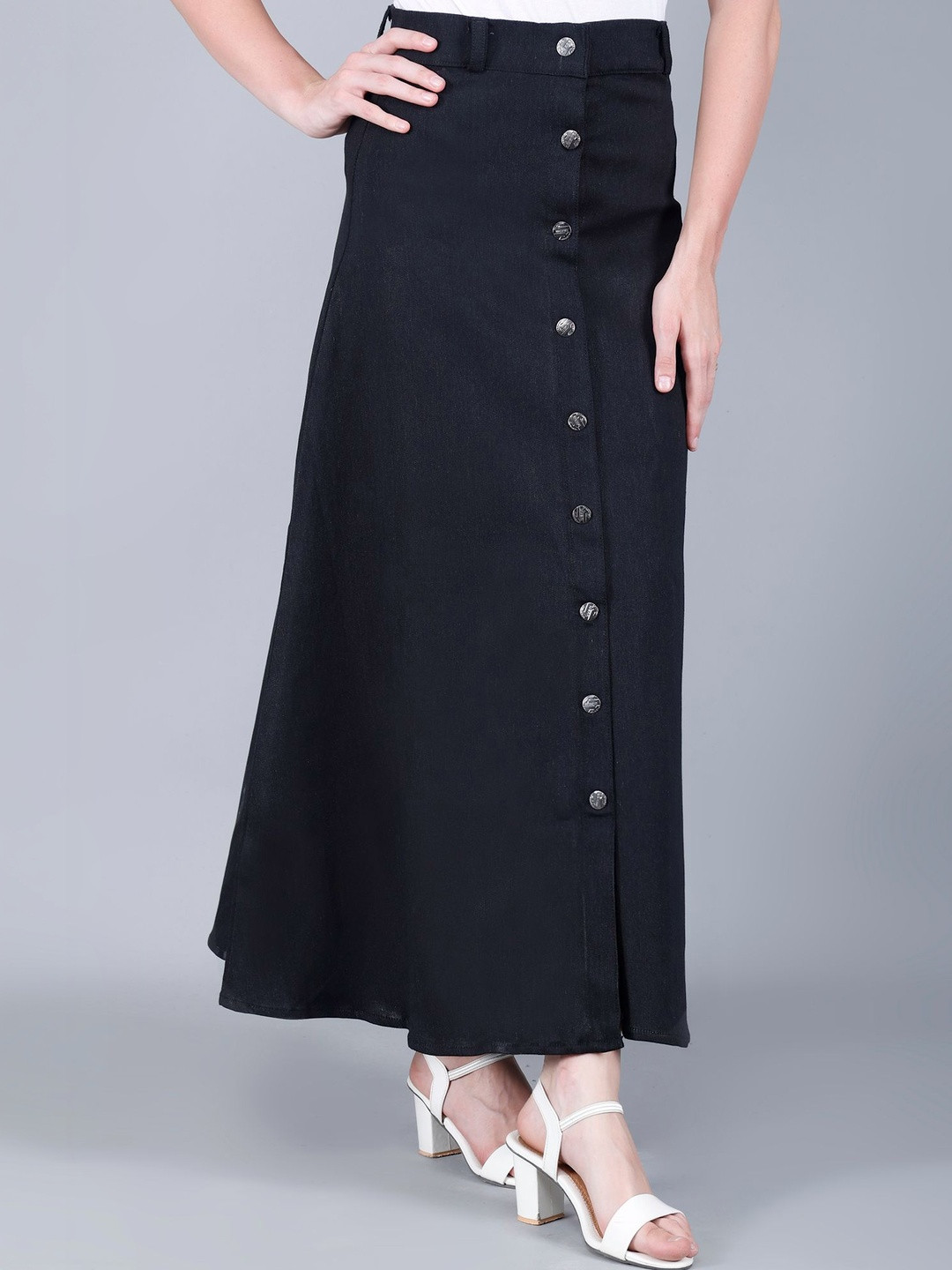 Codaisy Women Denim Front Slit Maxi A-Line Skirt