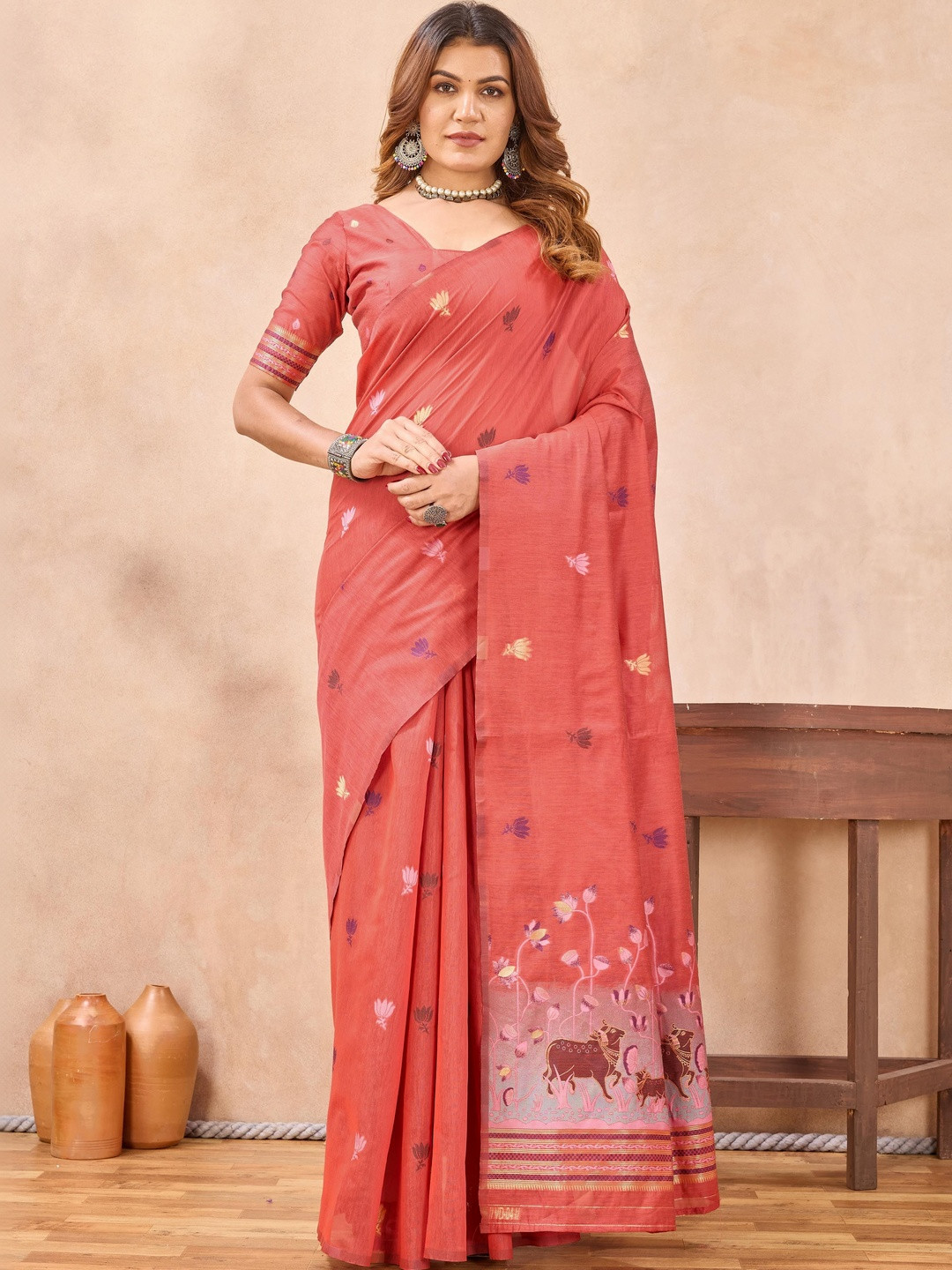 Mitera Ethnic Motifs Woven Design Pure Linen Saree