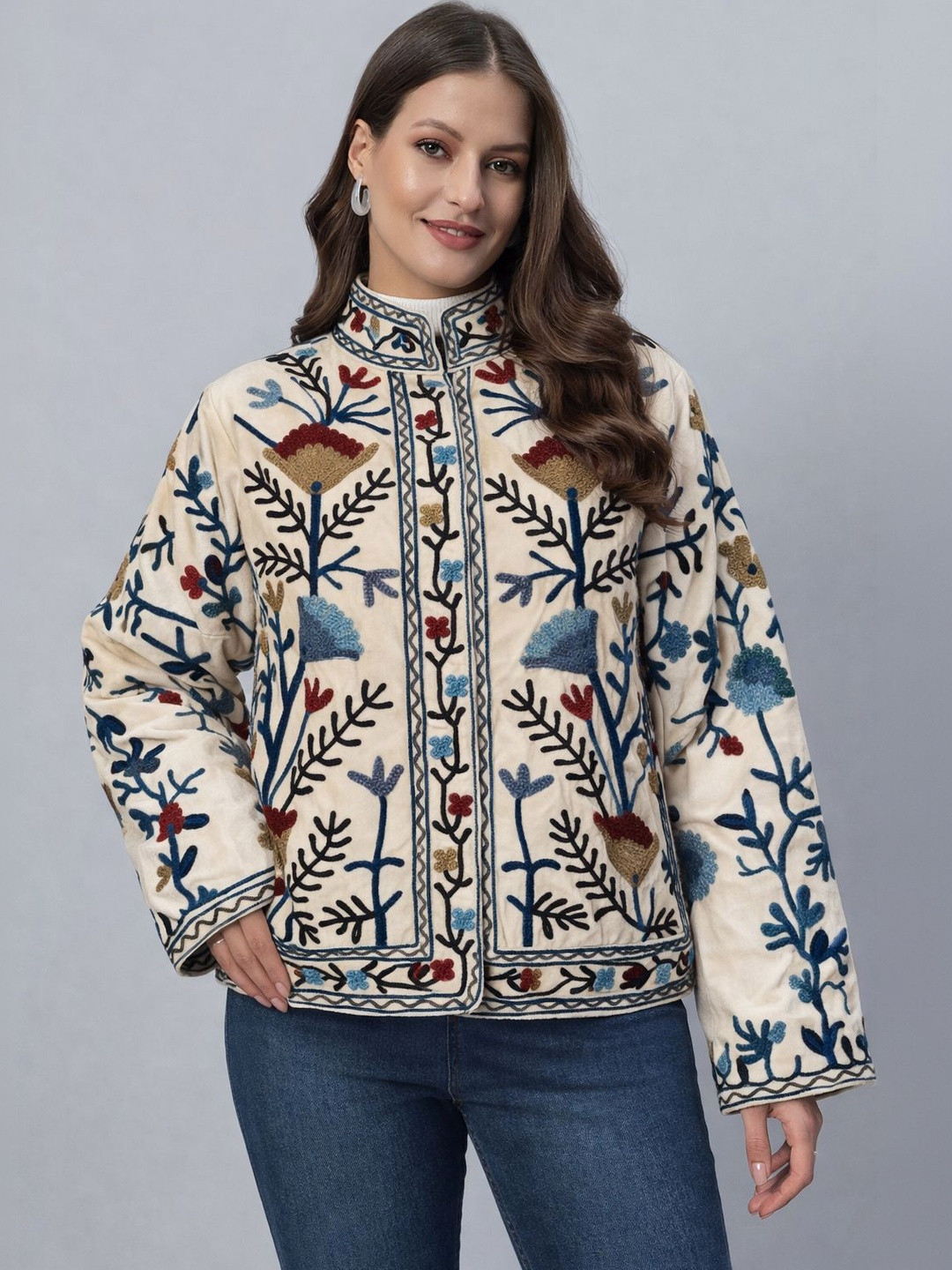 HANDICRAFT PALACE Women Beige Suzani Embroidery Velvet Open Front Jacket