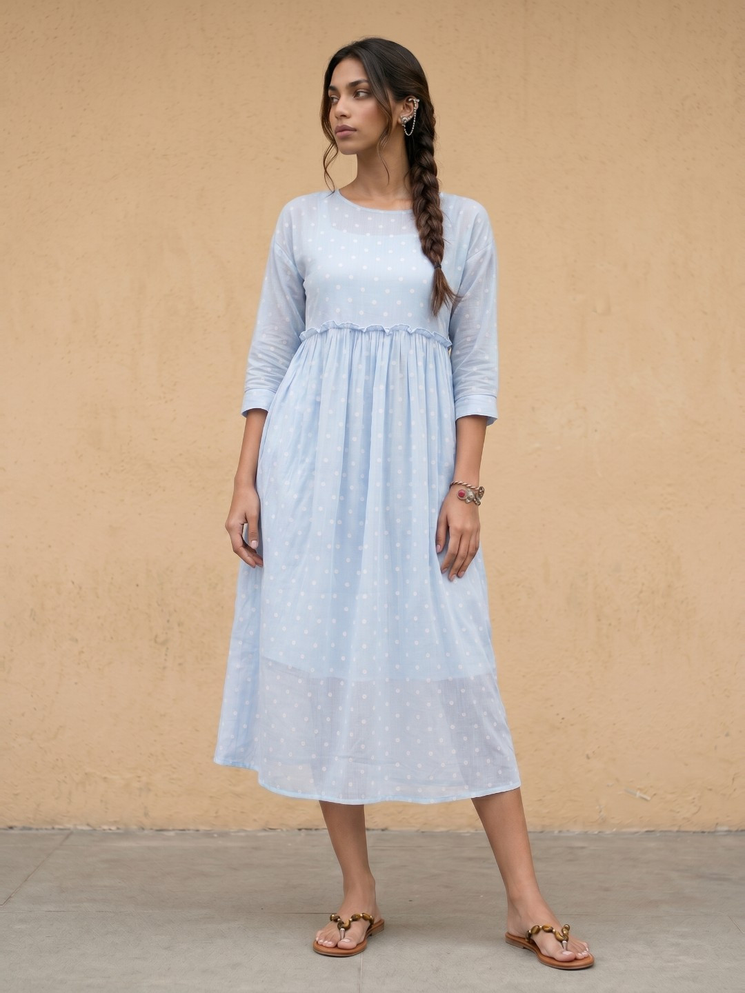 fusion by glitchez Polka Dot Printed Gathered Detailed A-Line Midi Dress
