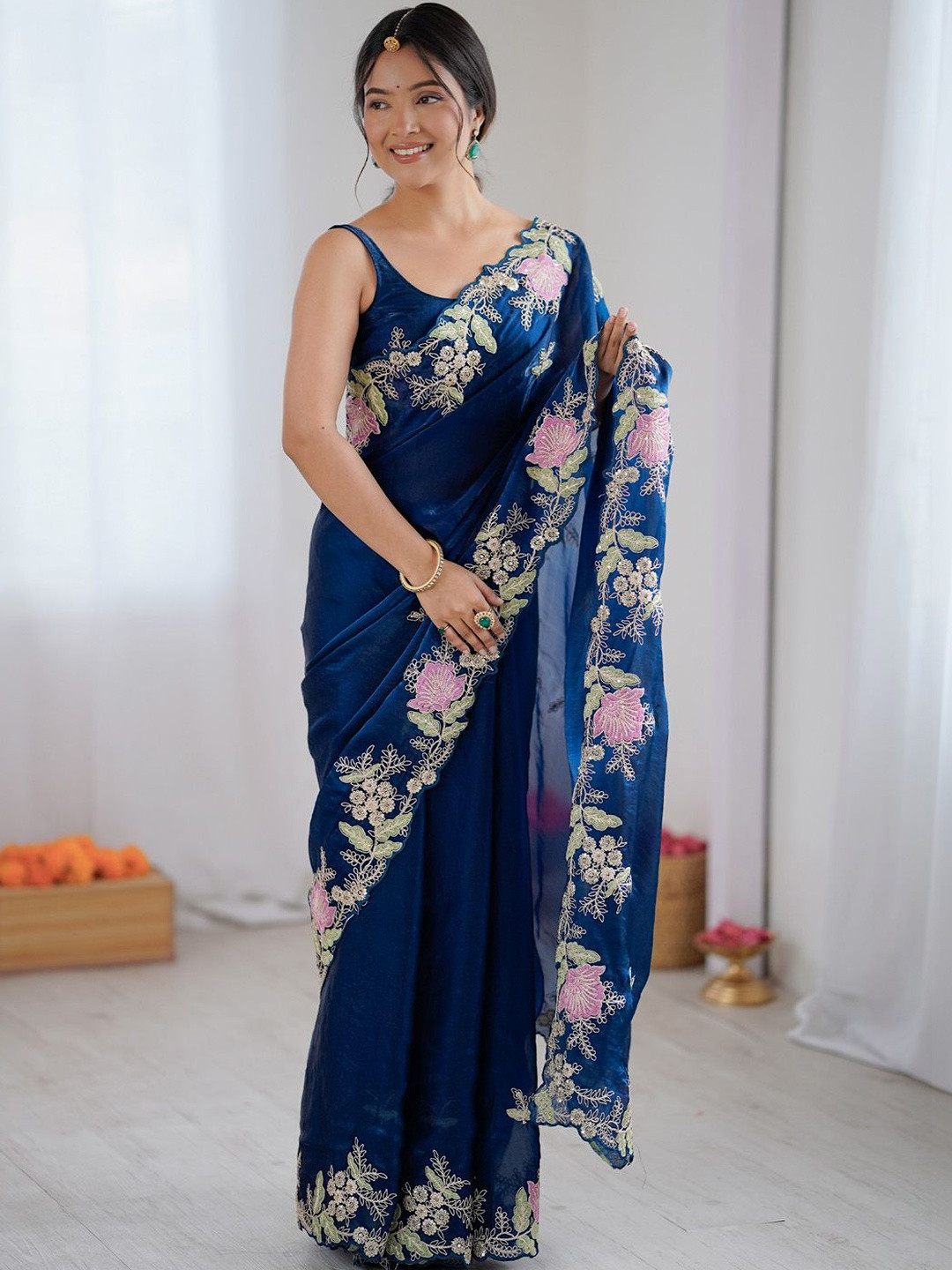 Saree mall Navy Blue Floral Embroidered Satin Heavy Work Sarees Unstiched Blouse