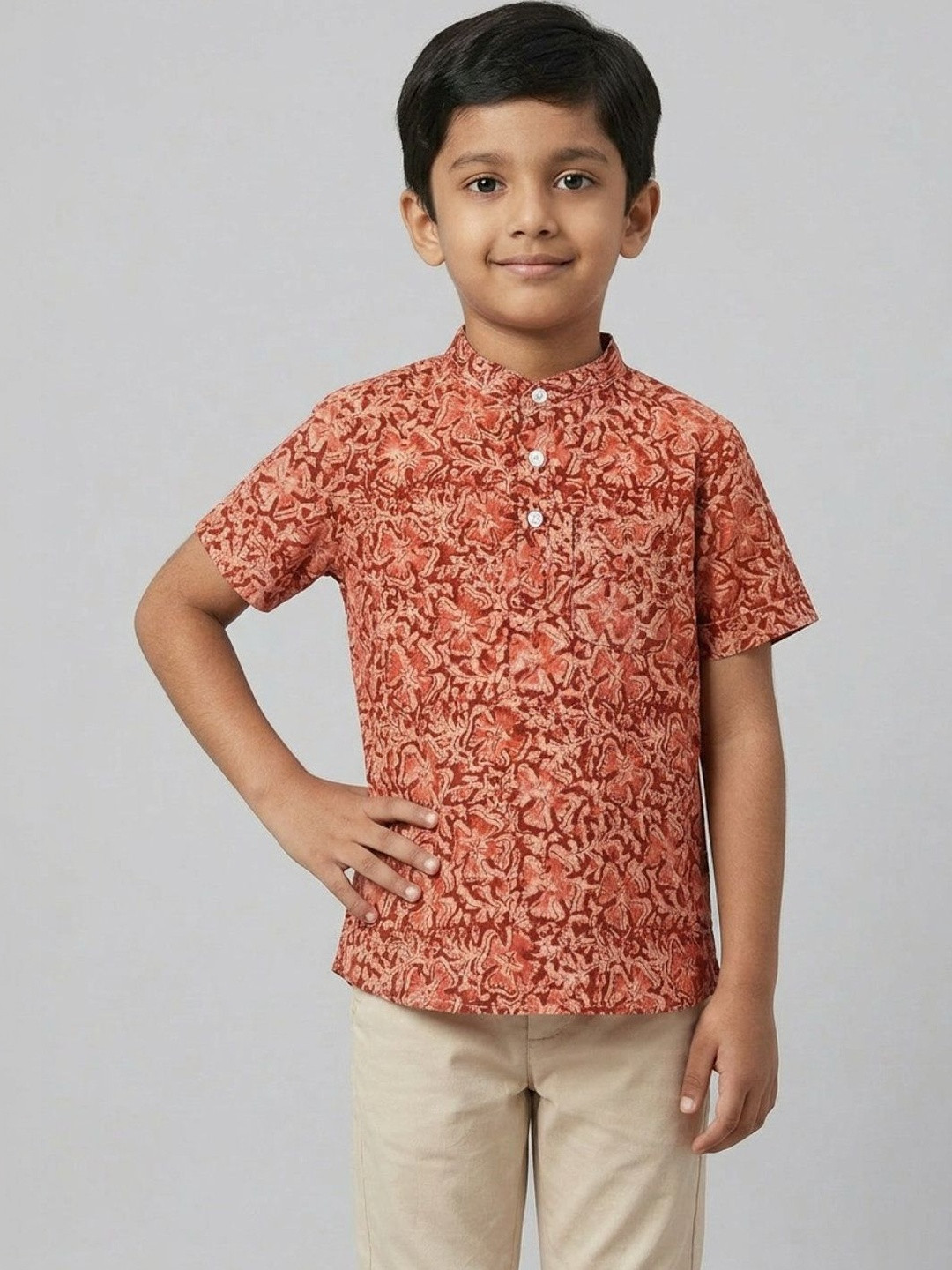 Biglilpeople Boys Ethnic Print Mandarin Collar Short Sleeves Shirt