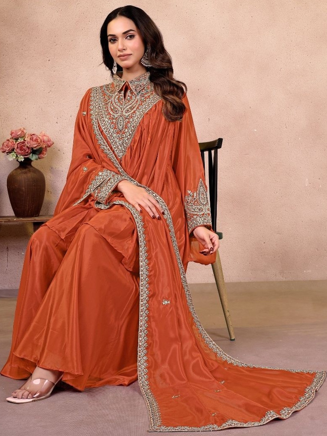 KUKUME Women Ethnic Motifs Embroidered Empire Thread Work Kurta with Palazzos & With Dupatta