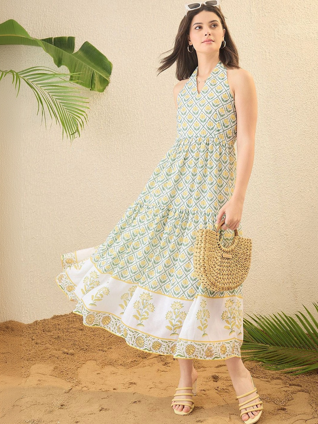 OCTICS Women Floral Printed Halter Neck Backless Midi A-Line Dress
