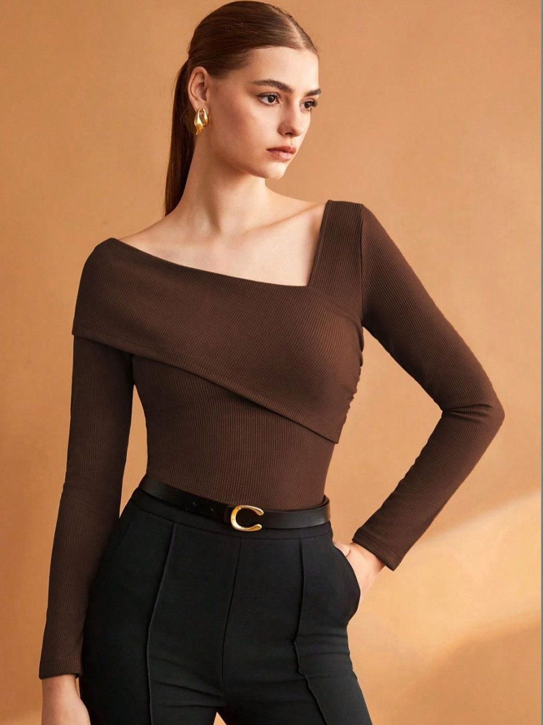 ZYVRA Ribbed Cotton One Shoulder Long Sleeves Top