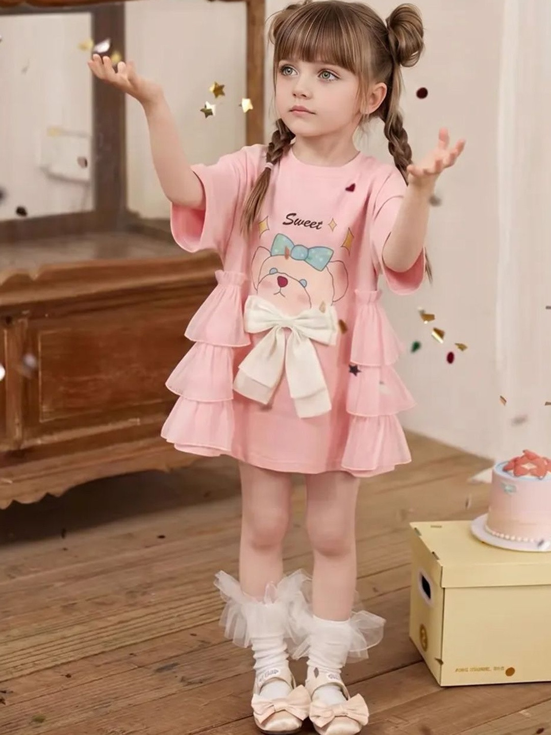 INCLUD Girls Pink Graphic Knitted Print Dress