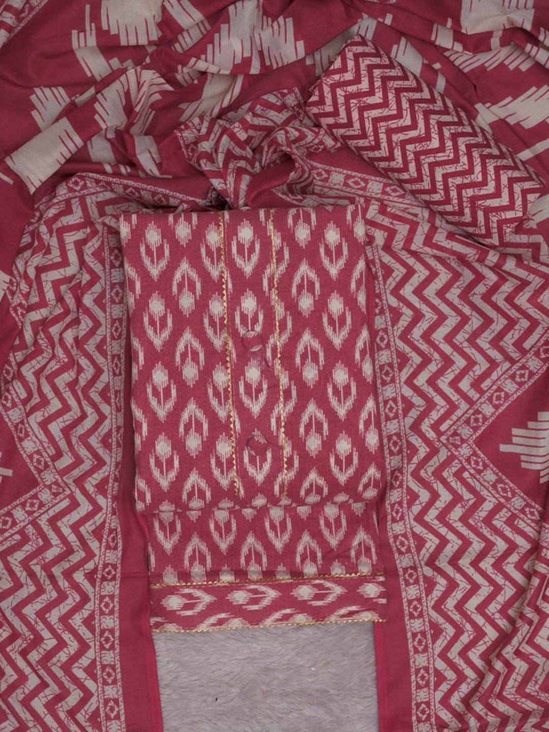 FashionsEye Ethnic Motifs Printed Unstitched Dress Material with Gota Patti