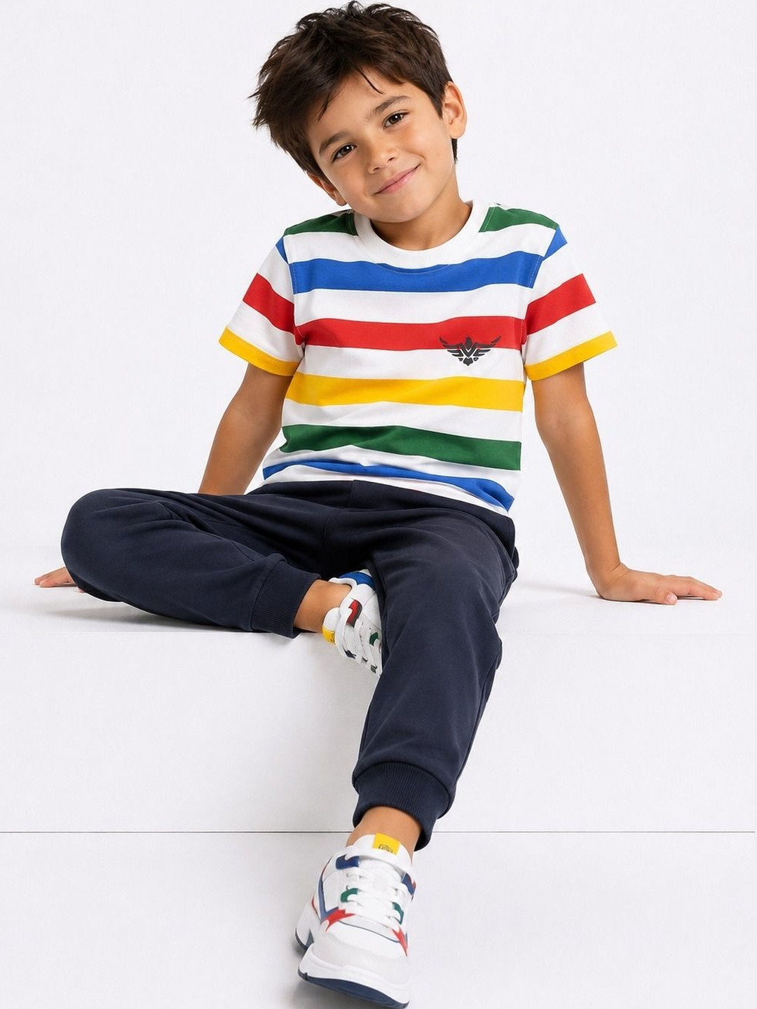 Ginie Boys Striped Round Neck Cotton Regular T-shirt