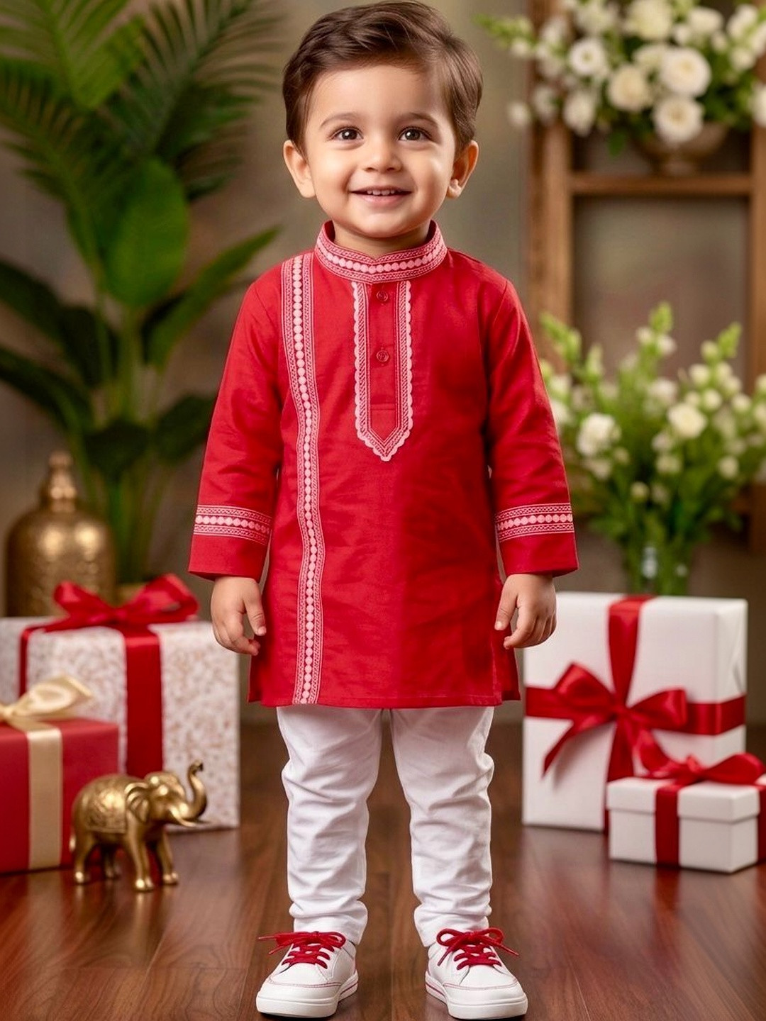 NEW GEN Boys Ethnic Motifs Embroidered Regular Thread Work Kurta with Pyjamas