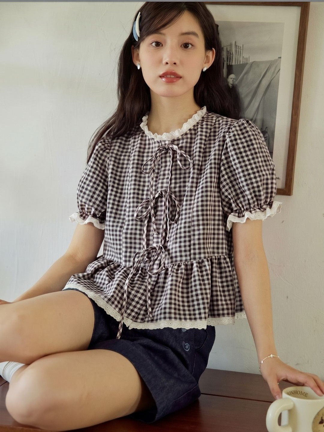 Quintessentials Women Checked Puff Sleeve Tie-Up Peplum Cotton Black Top