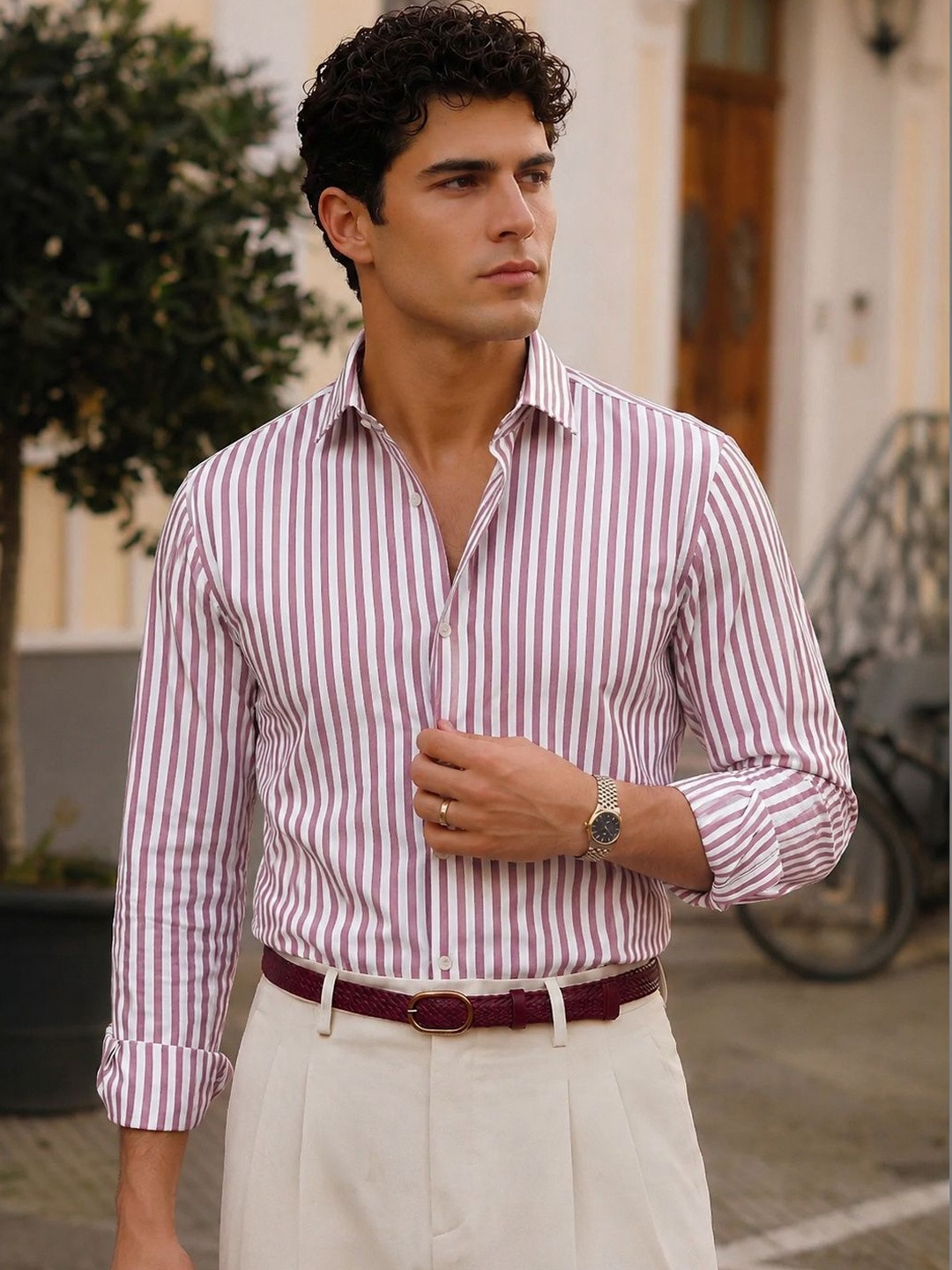 PB & J Men Maroon Crest Stripes Shirt