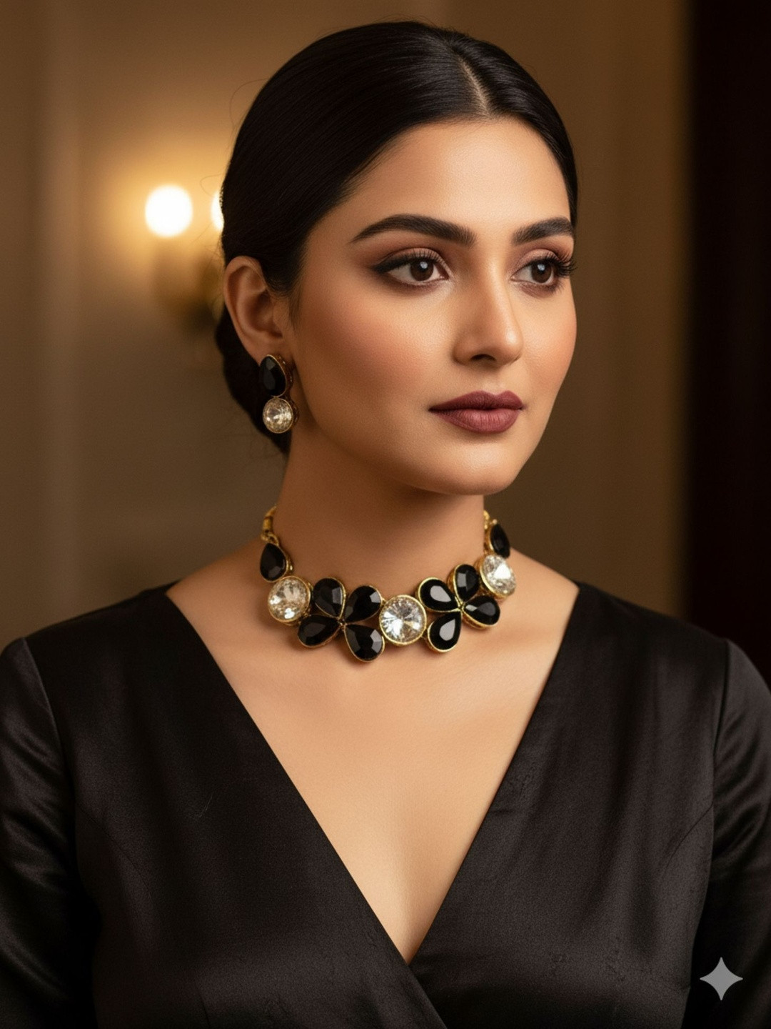 JN HANDICRAFT Copper-Plated Stone-Studded Necklace and Earrings
