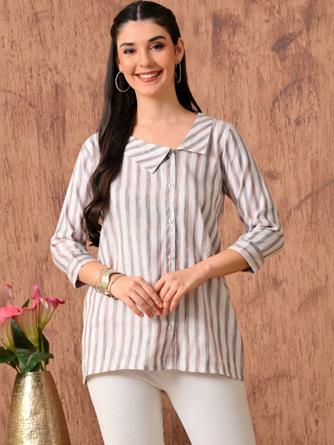 KALINI Striped Peter Pan Collar Cotton Top
