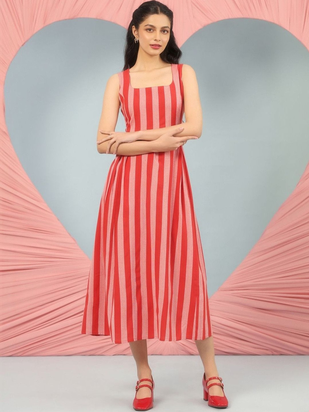 anayna Striped Cotton A-Line Midi Ethnic Dresses