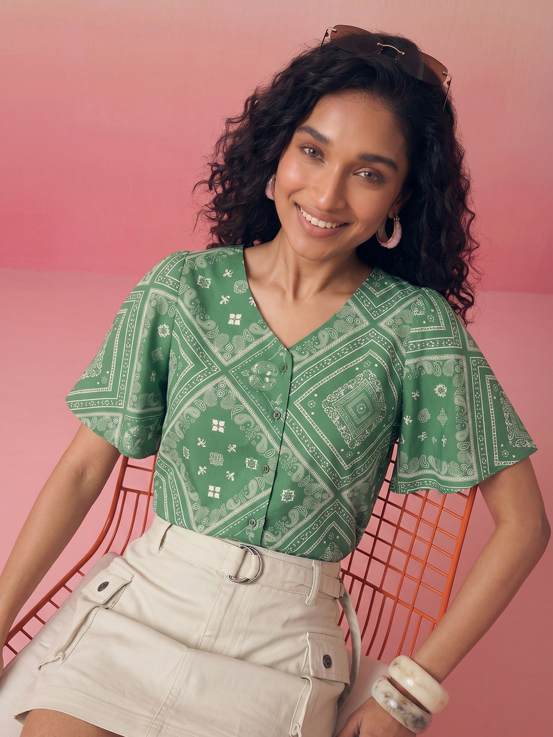 ZACCAI Green Geometric Printed Casual Top