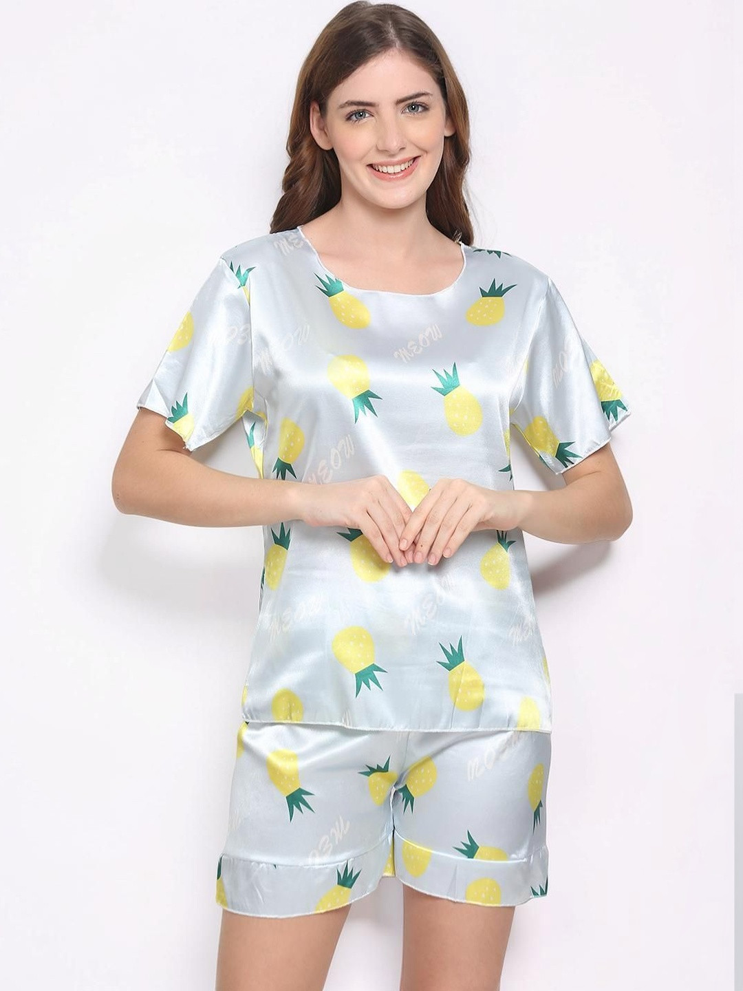 KALINI Printed Round Neck Satin Night suit