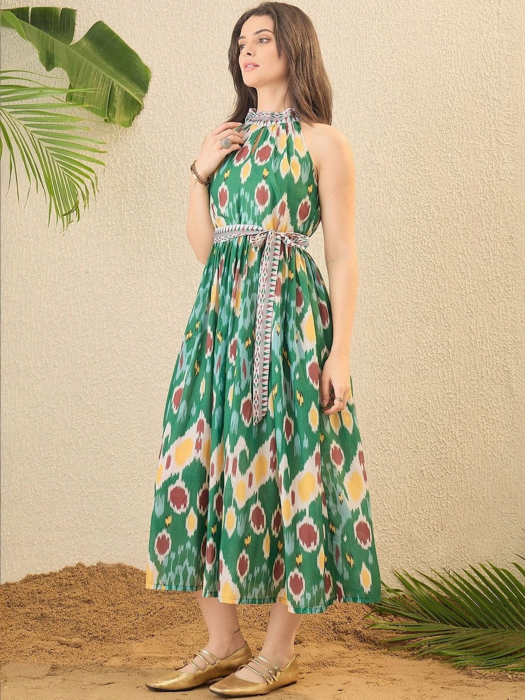 OCTICS Print Halter Neck Fit & Flare Midi Dress