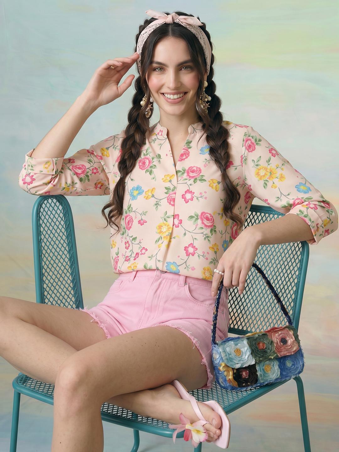 ZACCAI Floral Printed Mandarin Collar Shirt Style Top