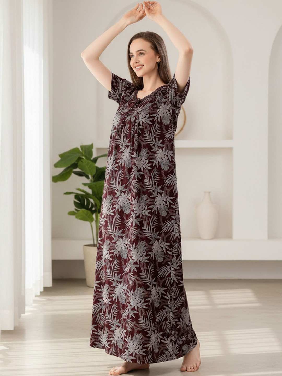 Cloud Soft Women Floral Printed Short Sleeves Maxi Nighty