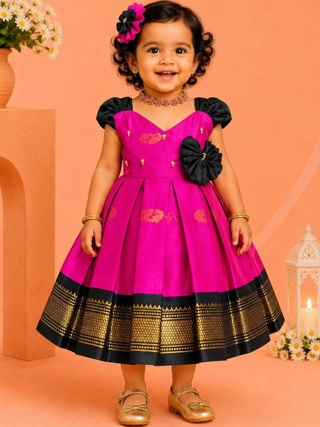 Babypattu Girls Embellished V-Neck Fit & Flare Ethnic Dress