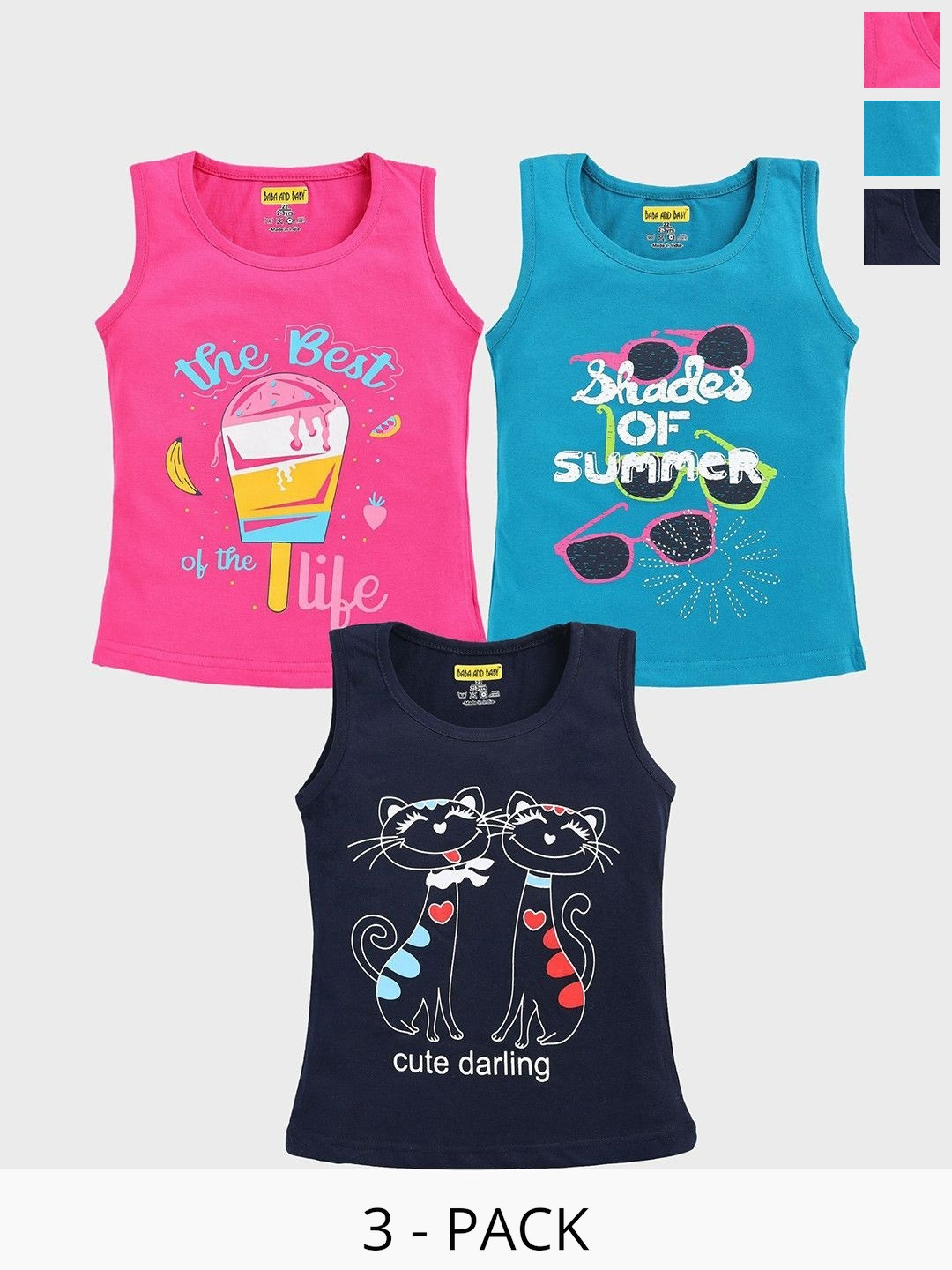 Baba & Baby Girls Pack Of 3 Graphic printed Cotton Regular Fit T-shirt