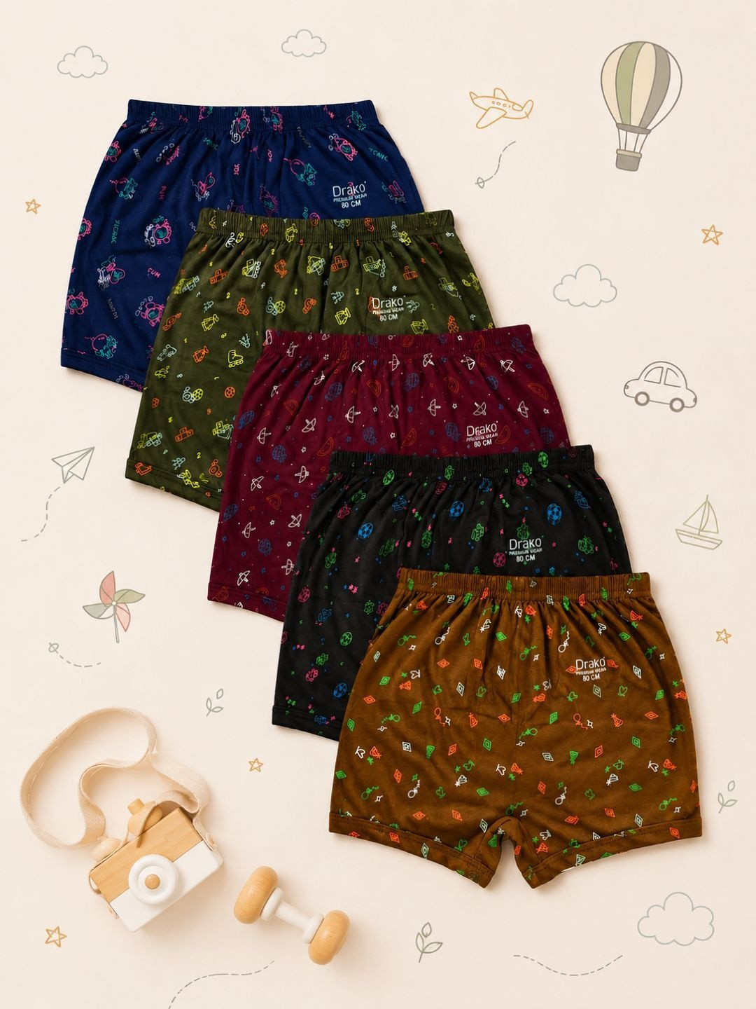 DRAKO Boys Pack Of 5 Printed Assorted Inner Elastic Boy Shorts