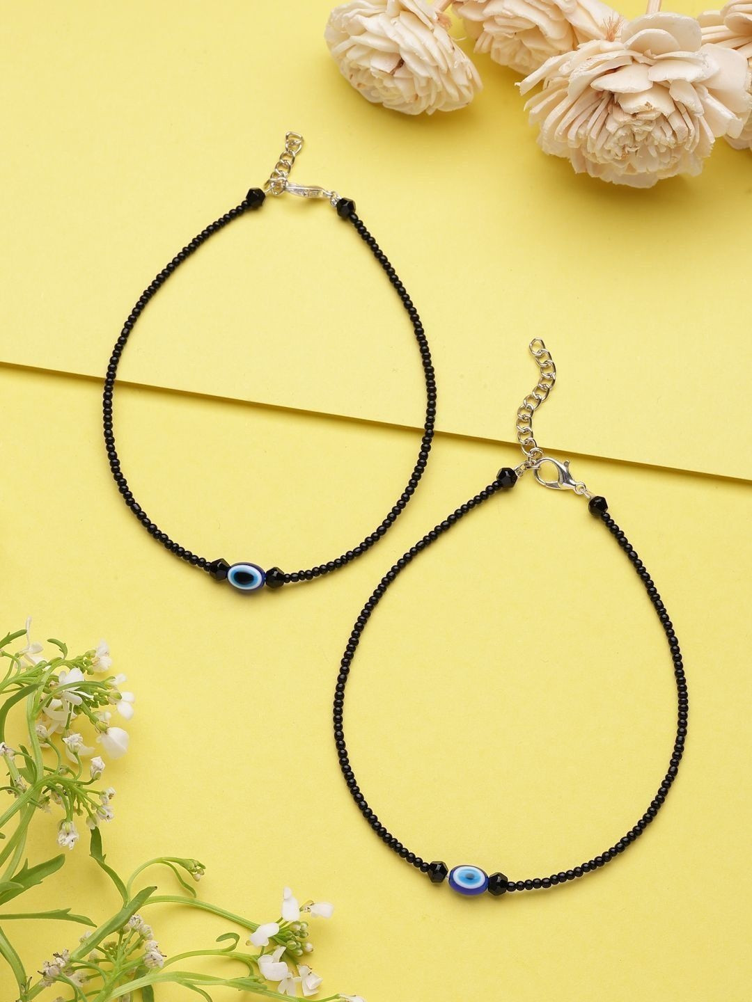 OZ Jewels Black Beaded Evil Eye Anklet with Adjustable Chain