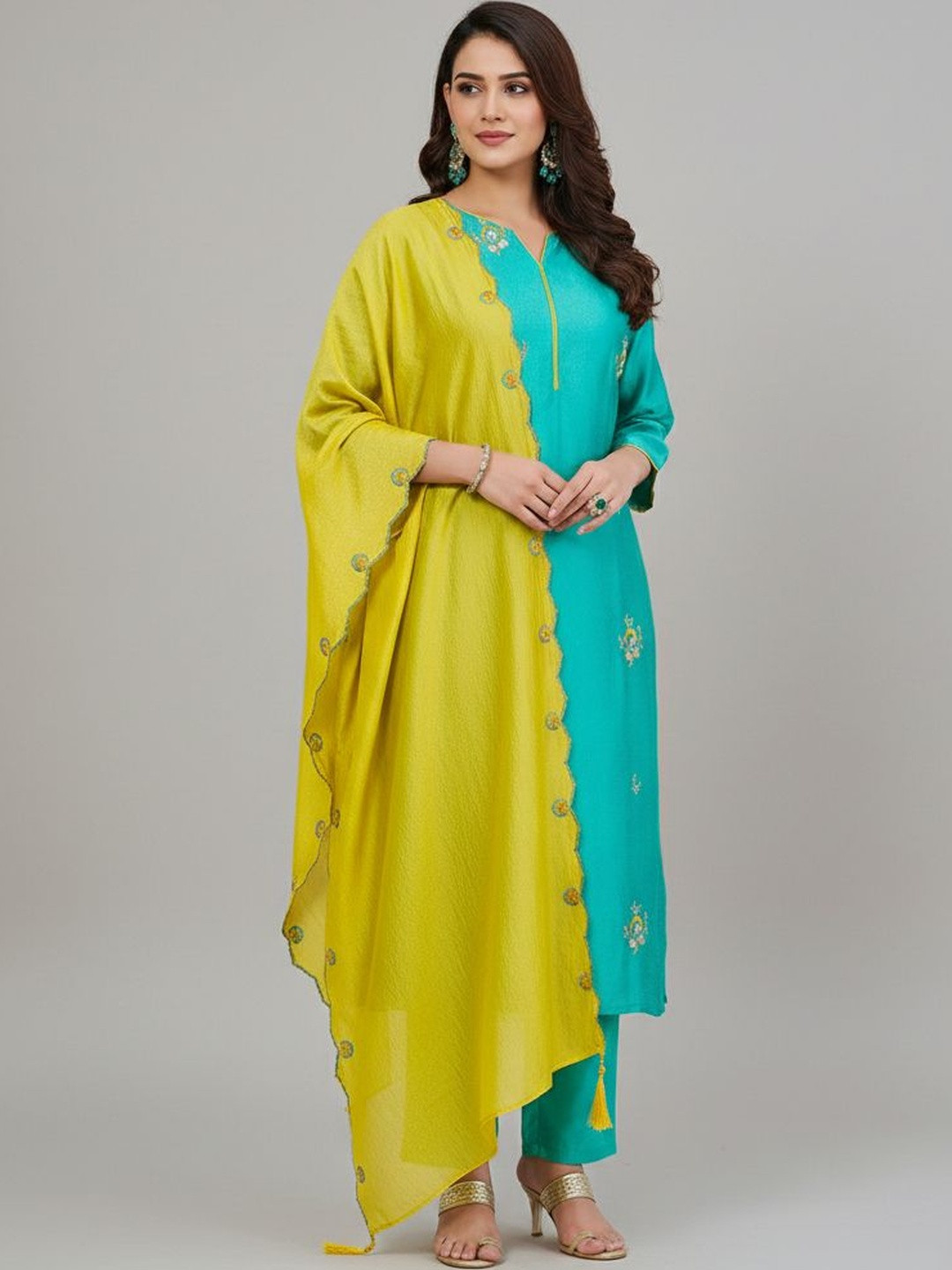 MOKOSH Women Sea Green Silk Embroidered Kurta With Pant and Dupatta