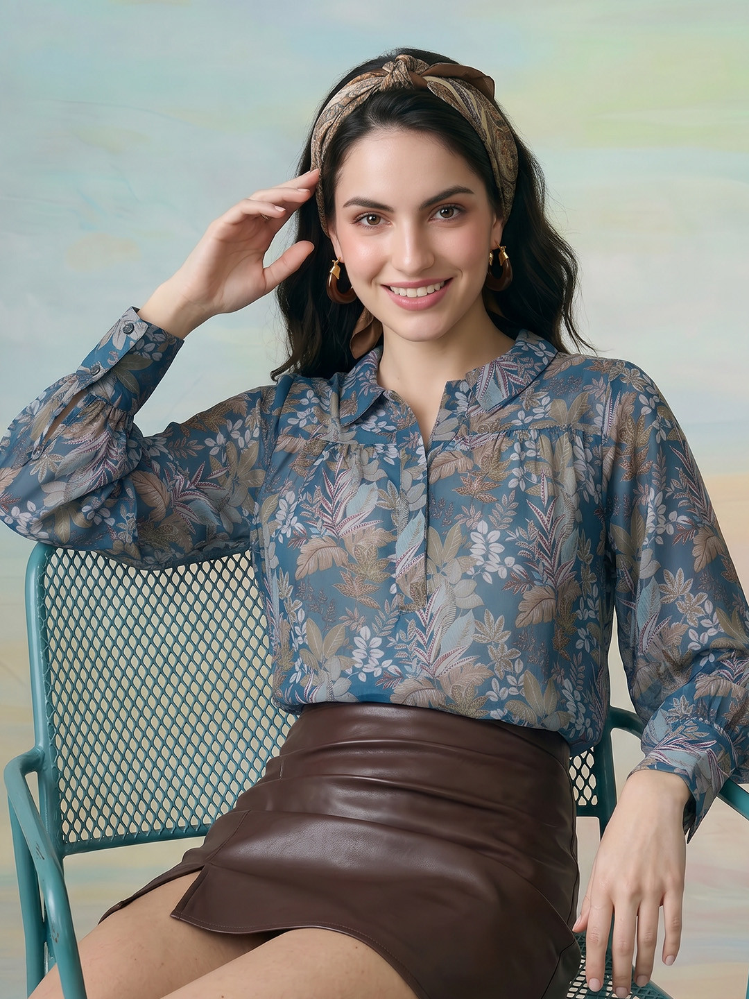 ZACCAI Teal Blue Georgette Printed Shirt Style Top