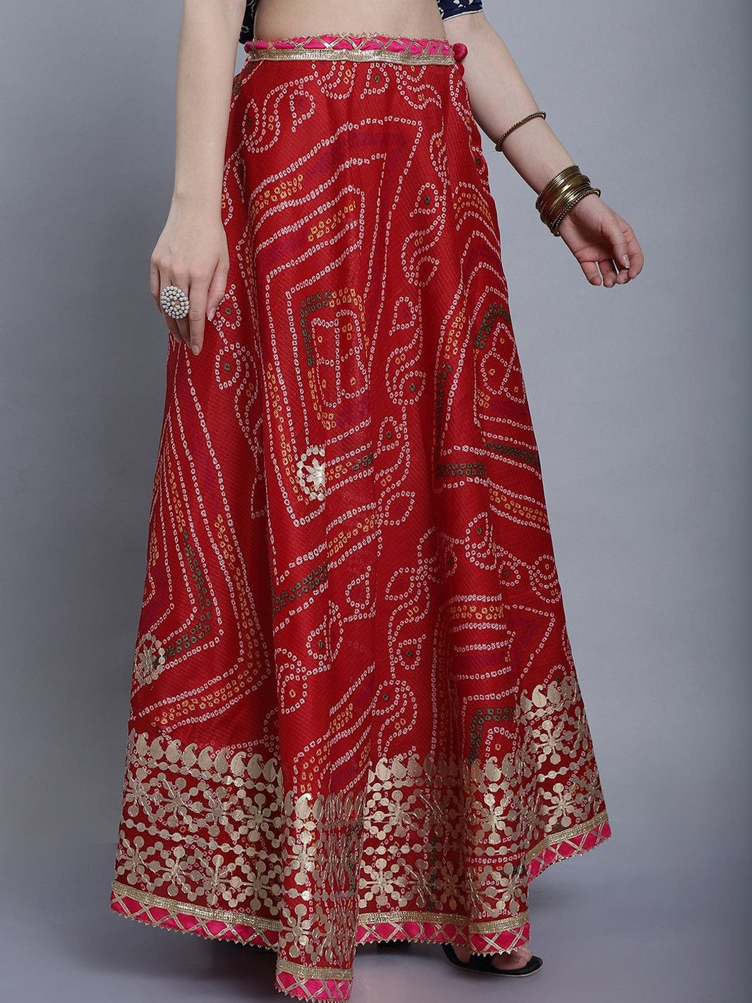 SOUNDARYA Cotton Printed Kota Doriya Hand Gota Patti Flared Maxi Skirt