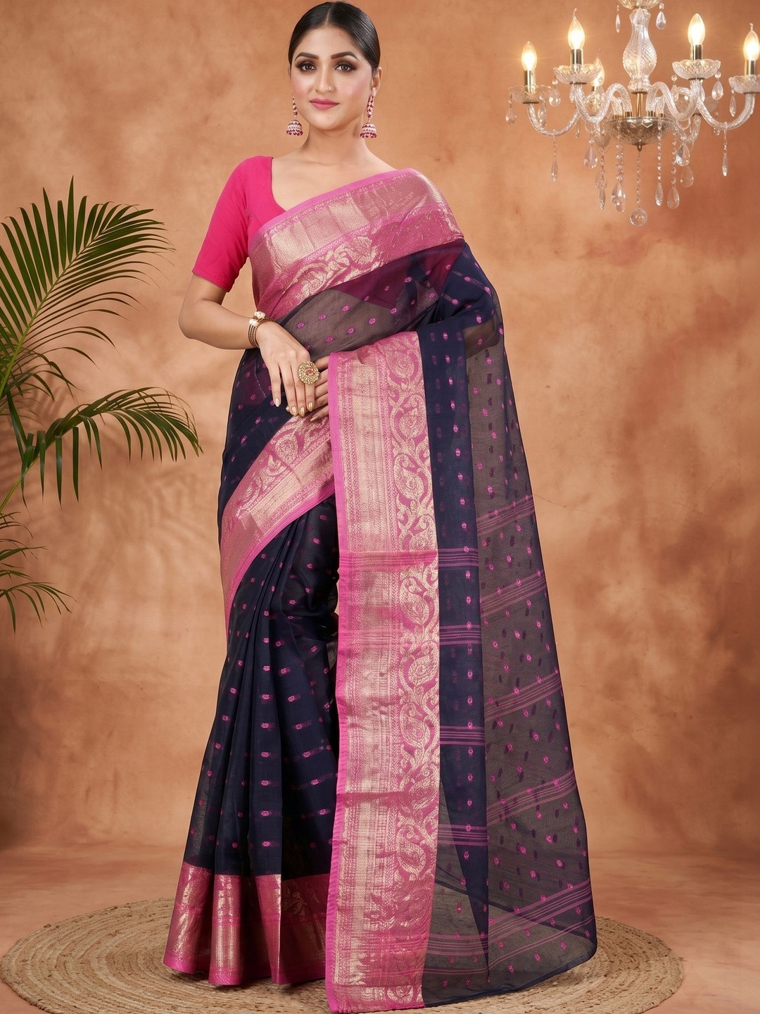 PuJoy Woven Design Zari Pure Cotton Taant Saree